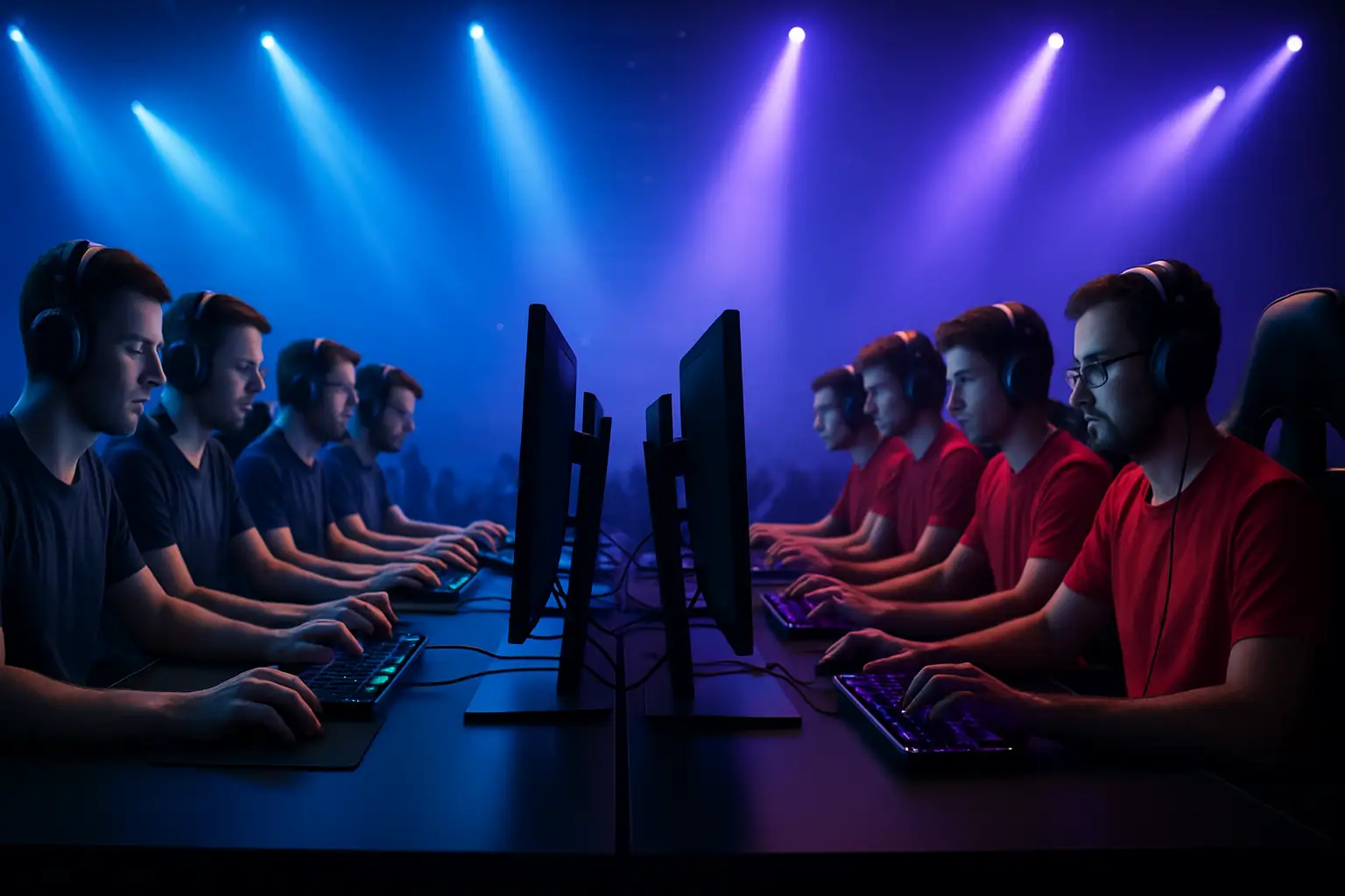 CS2 players competing on stage at the Esports World Cup under bright arena lights