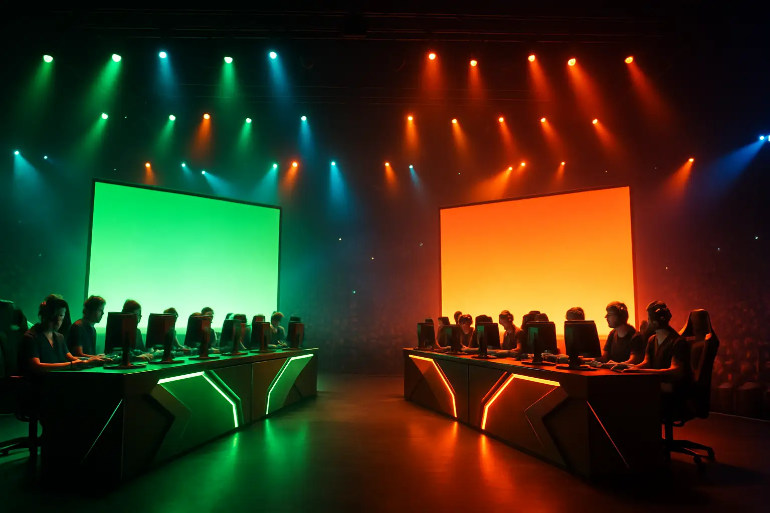 Two esports teams facing off on a large tournament stage with Free Fire visuals displayed on screens behind them