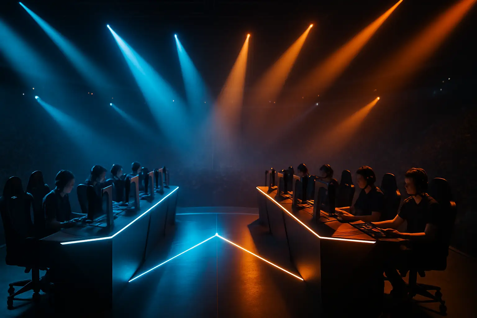 Two esports teams competing on stage under blue and purple lighting with a crowd watching