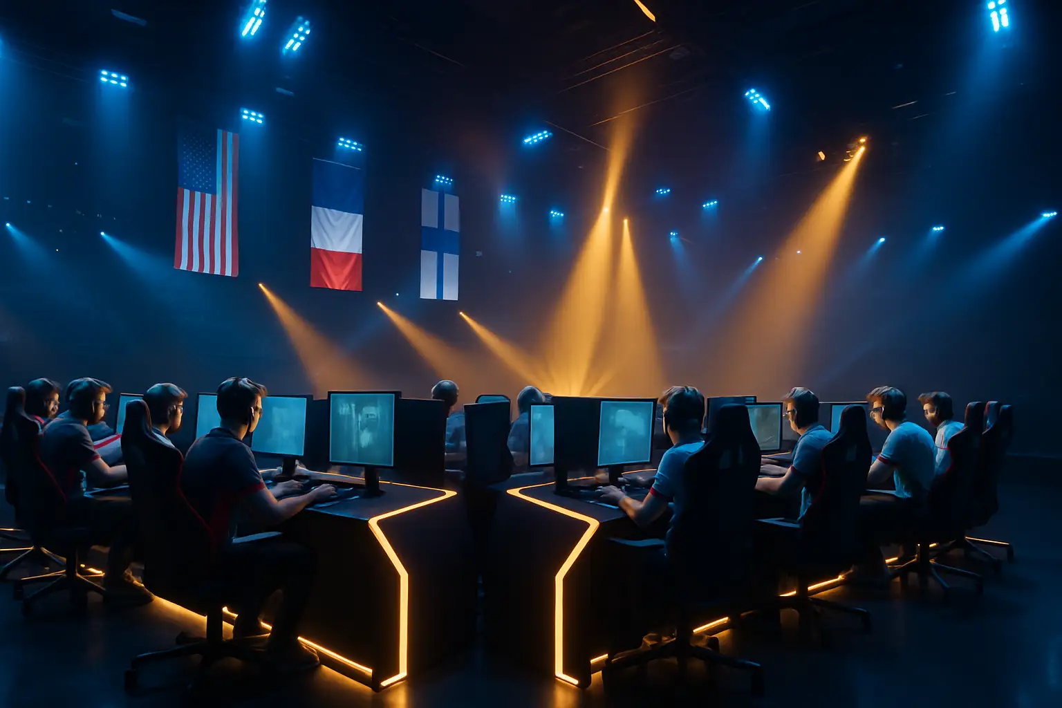 Esports players representing a national team competing under bright arena lights at a major multi-sport event