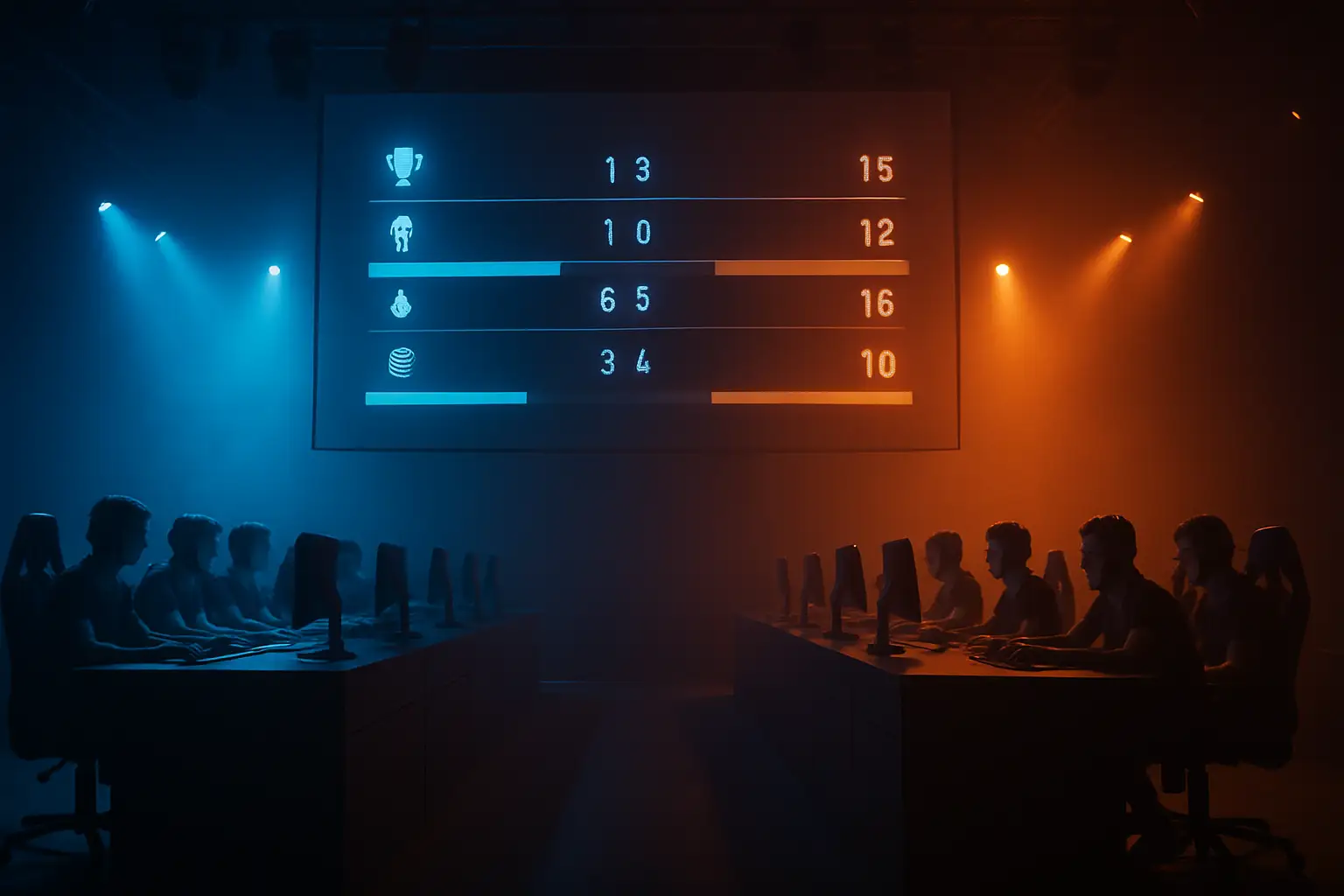 Two eSports teams competing on stage with live score display screens in the background