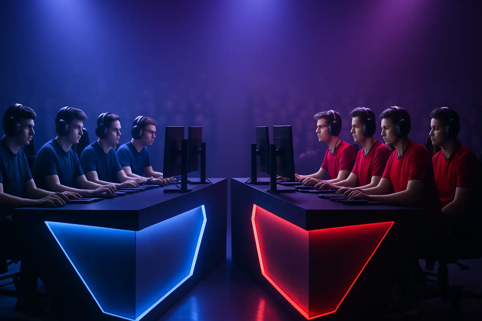Two esports teams facing off on a large stage with glowing screens and a crowd in the background