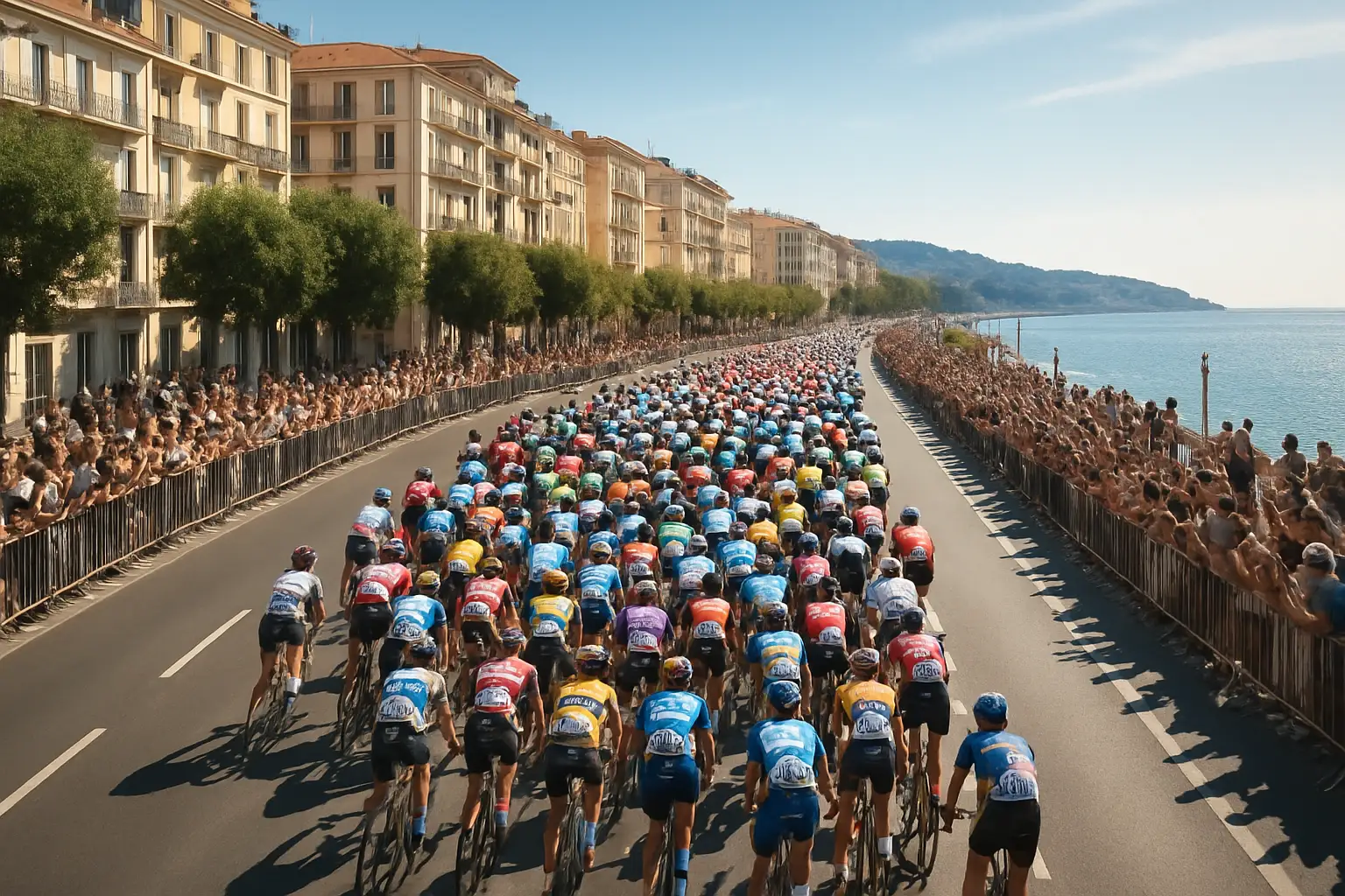 Aerial view of a cycling peloton passing through a vibrant European city with crowds lining the streets