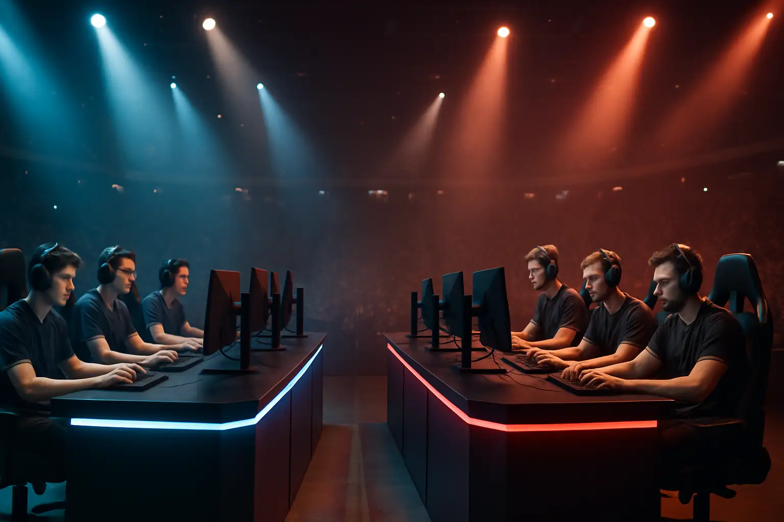 Two professional Valorant teams competing on stage at a large esports arena during the Esports World Cup 2026