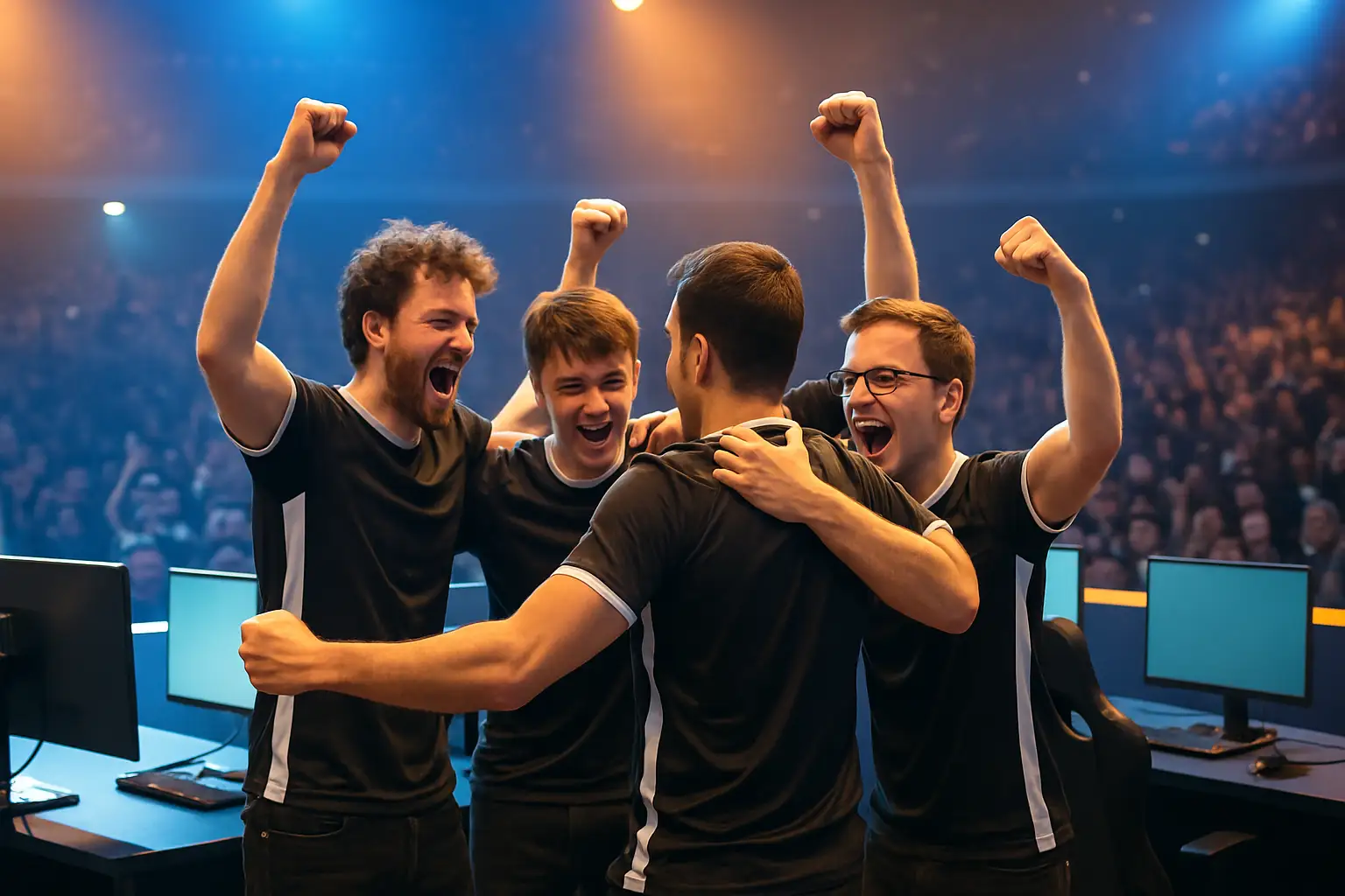 Esports team celebrating a LAN tournament victory on a competitive stage
