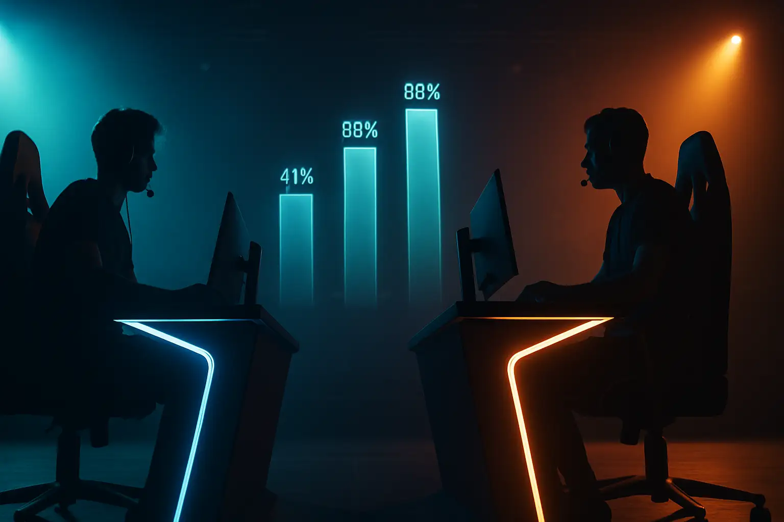 Two esports teams competing on stage with digital prediction market graphics overlaid