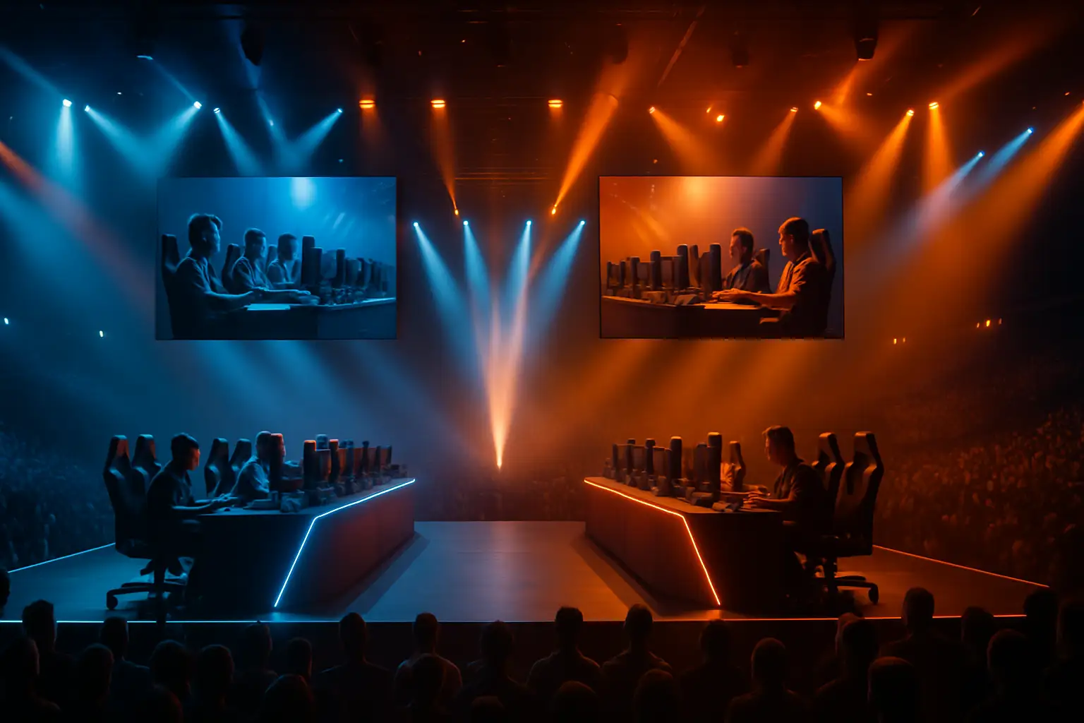 Two competitive CS teams facing off on a large esports stage with arena lighting