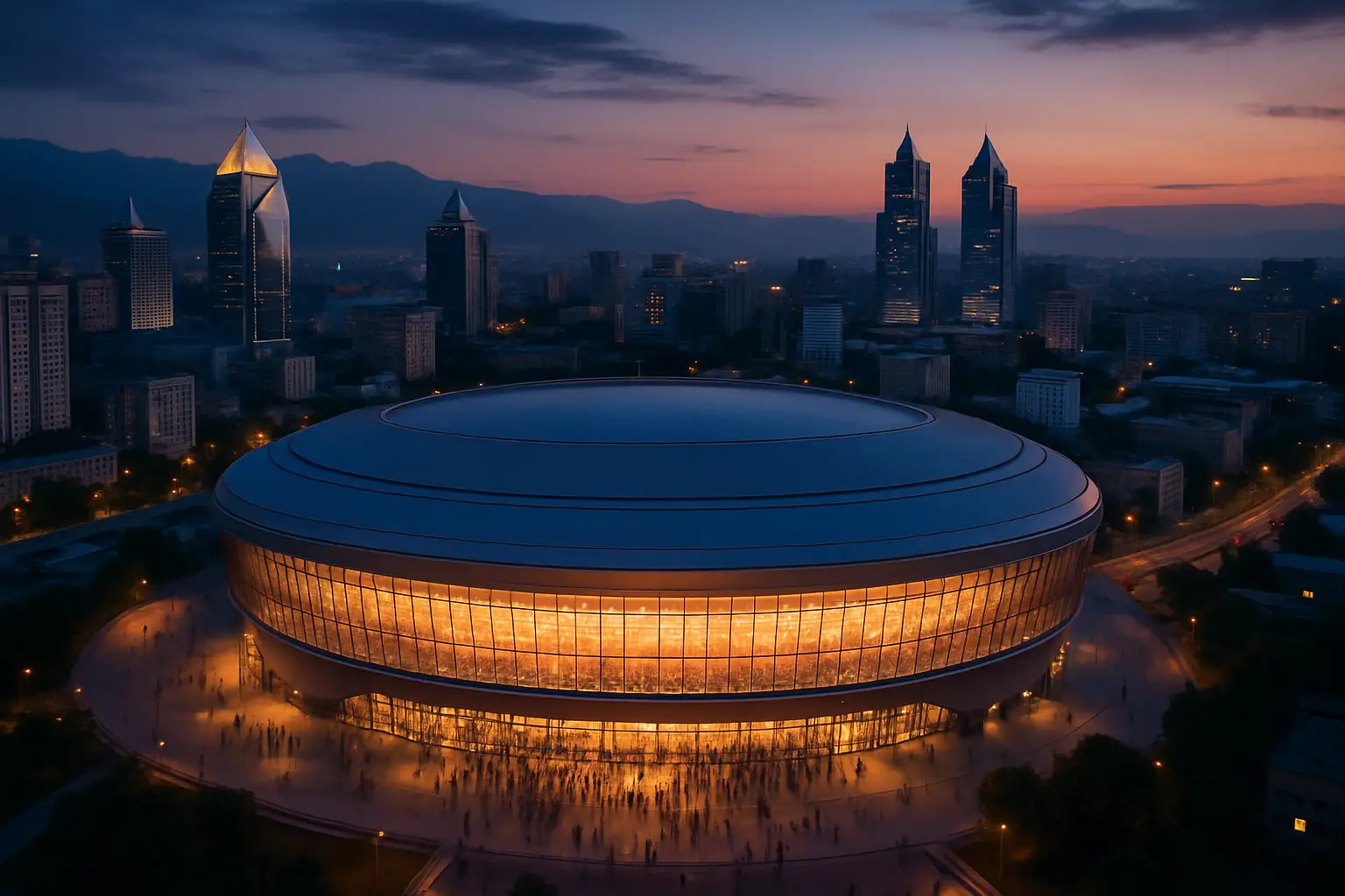 Aerial view of Ulaanbaatar cityscape with a glowing esports arena concept overlay