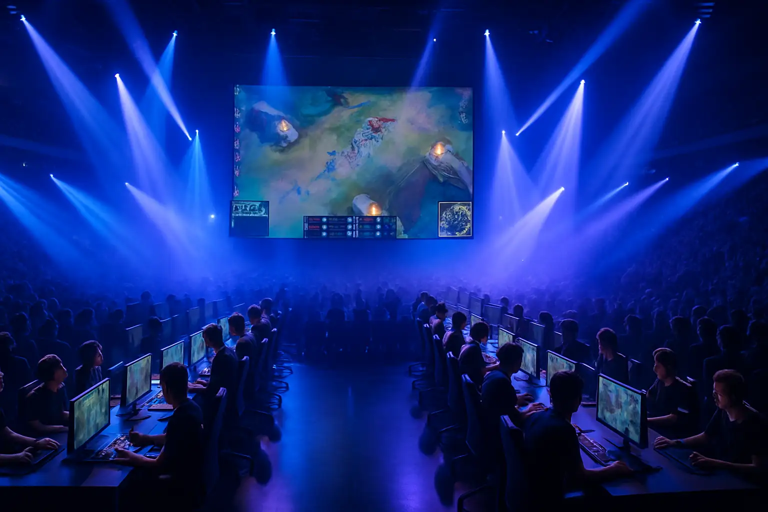 Competitive gaming arena lit with blue and purple stage lighting, players seated at PCs facing a large tournament screen