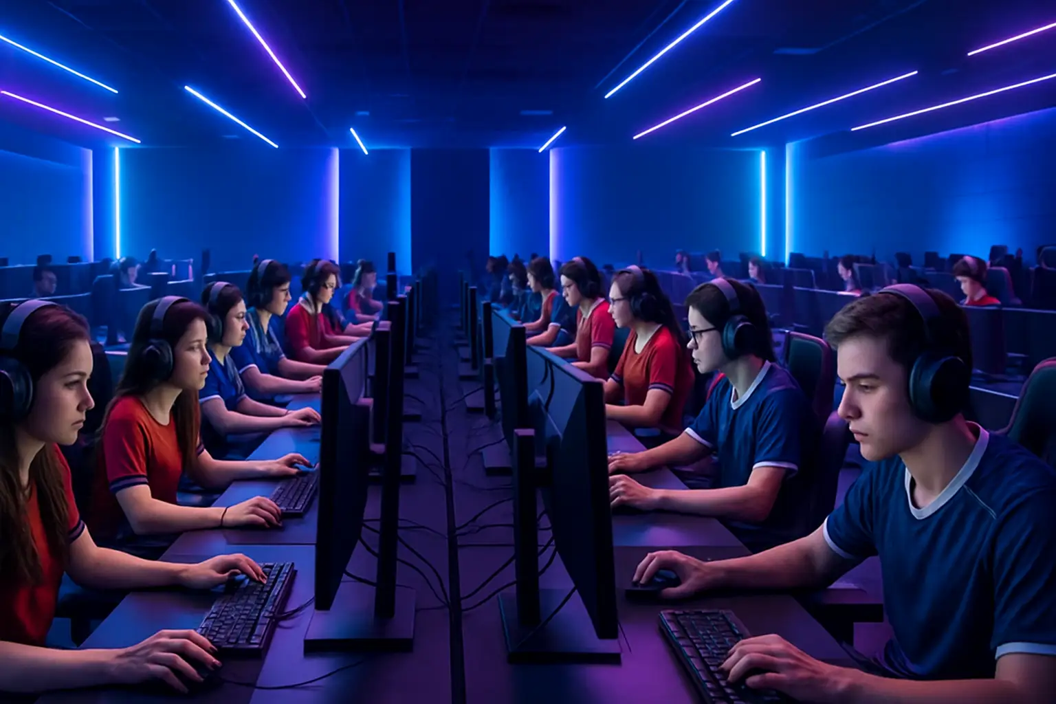 Students gathered around gaming setups in a collegiate esports arena with colorful LED lighting