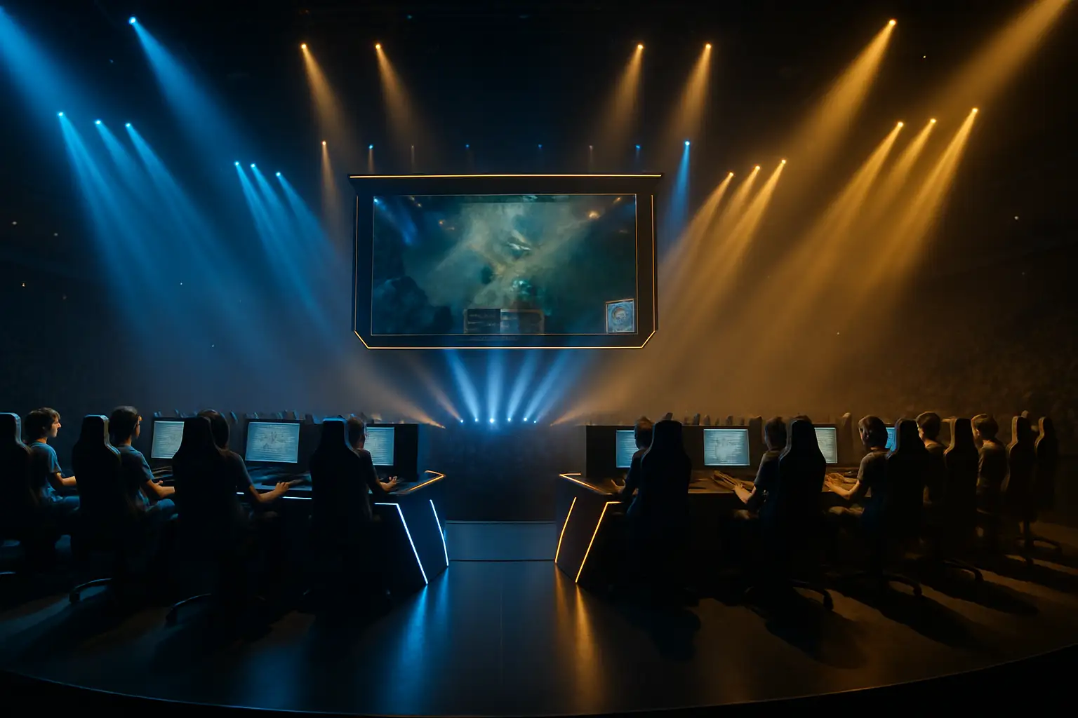 Two League of Legends teams facing off on a competitive stage under bright arena lights