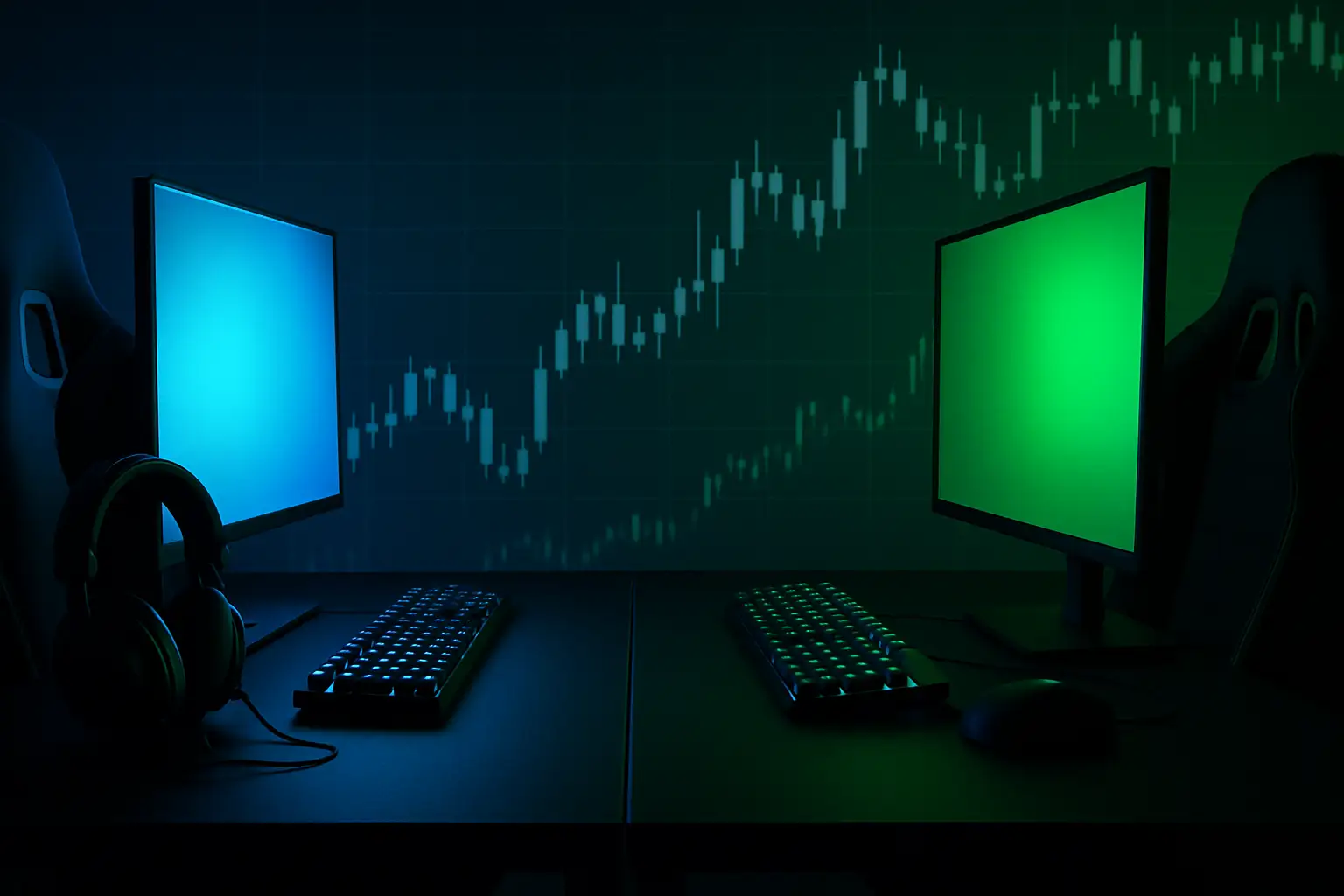 Two esports teams facing off on a digital gaming stage with a financial market overlay graphic