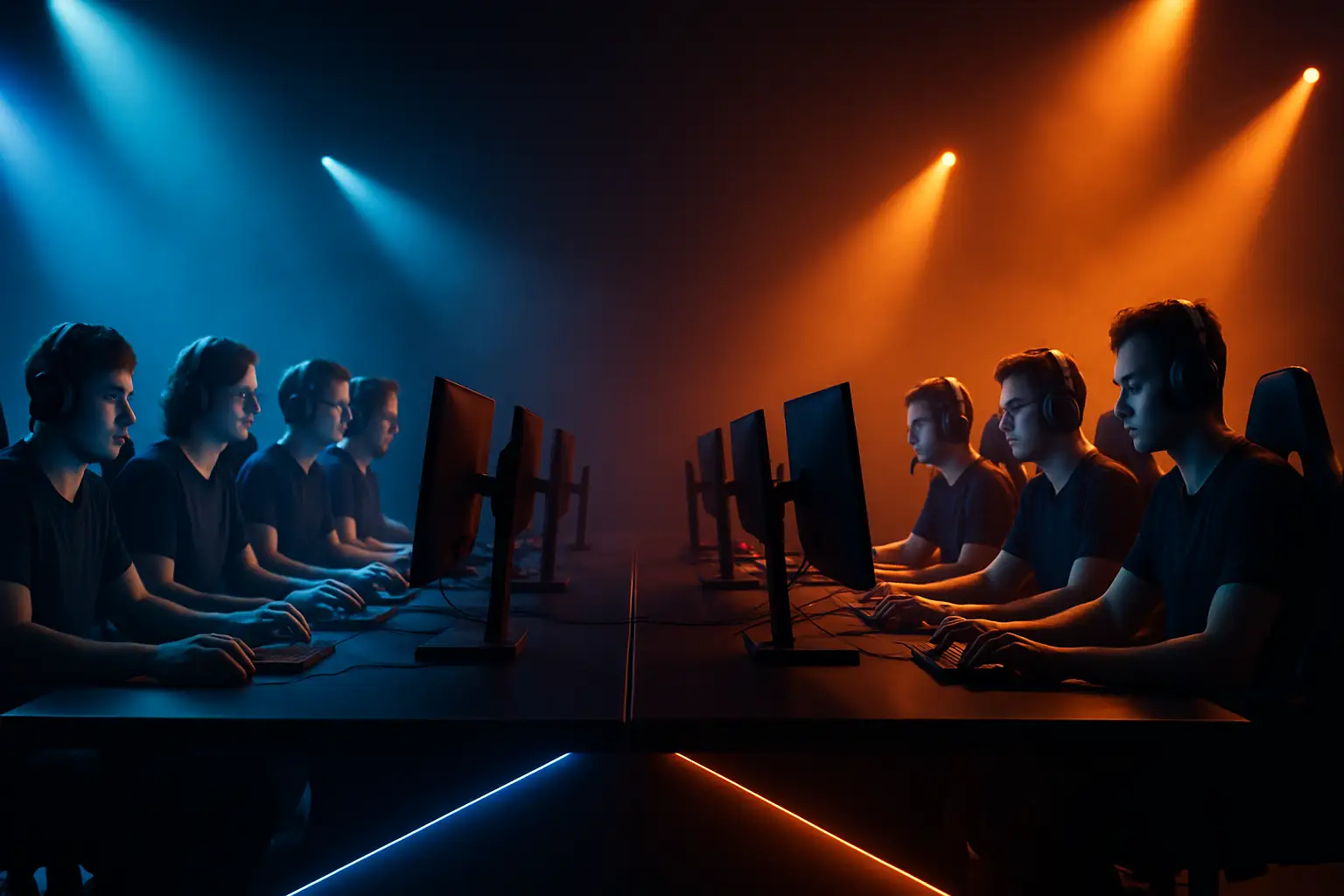 Two esports teams competing on a dark-lit stage with glowing monitors in a best-of-three format