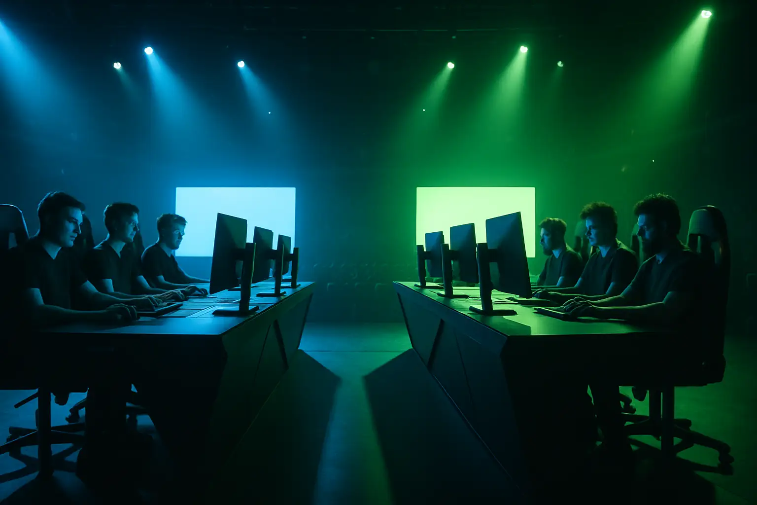 Two esports teams facing off on a competitive stage with screens displaying a game map