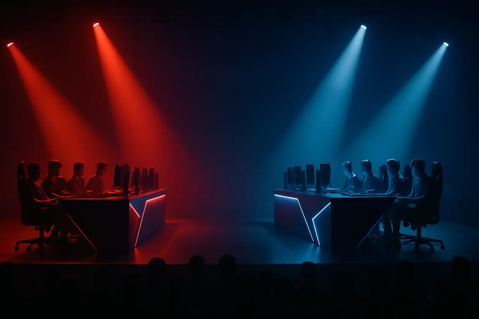 Two esports teams facing off on a CS2 map with stadium lighting and crowd silhouettes in the background