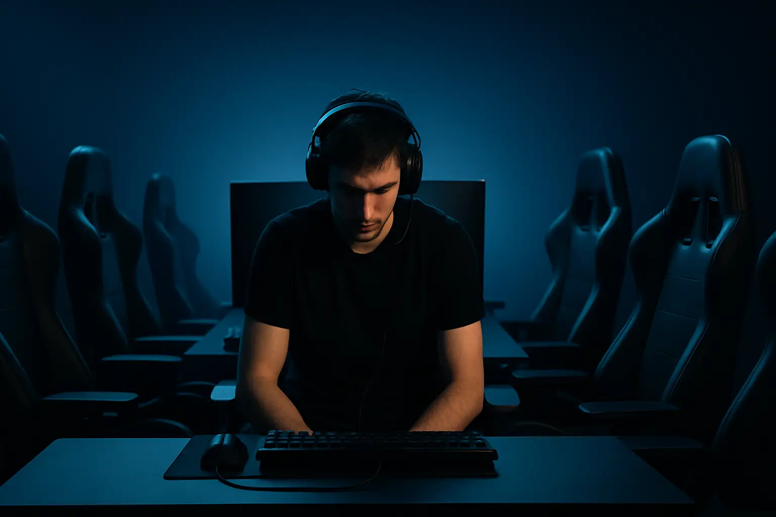 A professional esports player sitting alone in a dimly lit team house, looking reflective