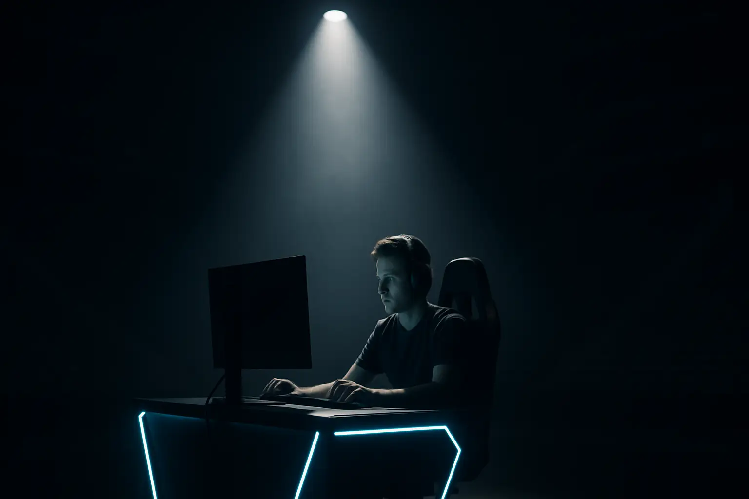 A competitive esports player sitting alone at a gaming setup, spotlight on the screen in a darkened arena