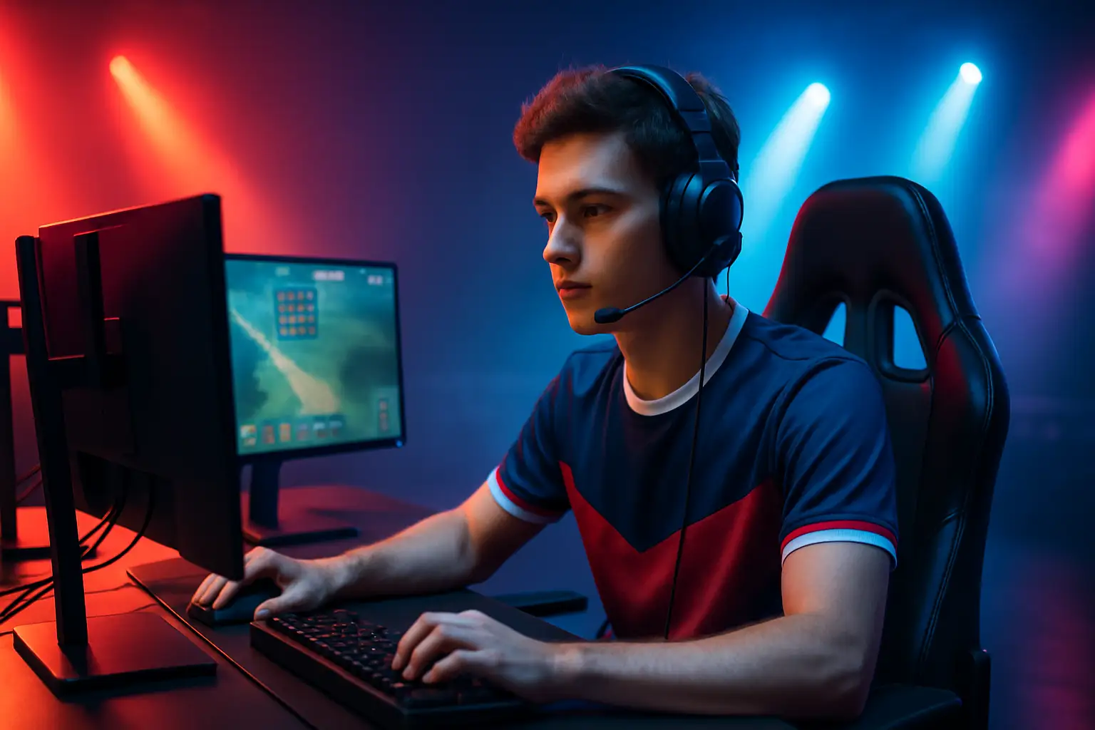 A competitive esports player at a gaming station with professional peripherals and a team jersey visible