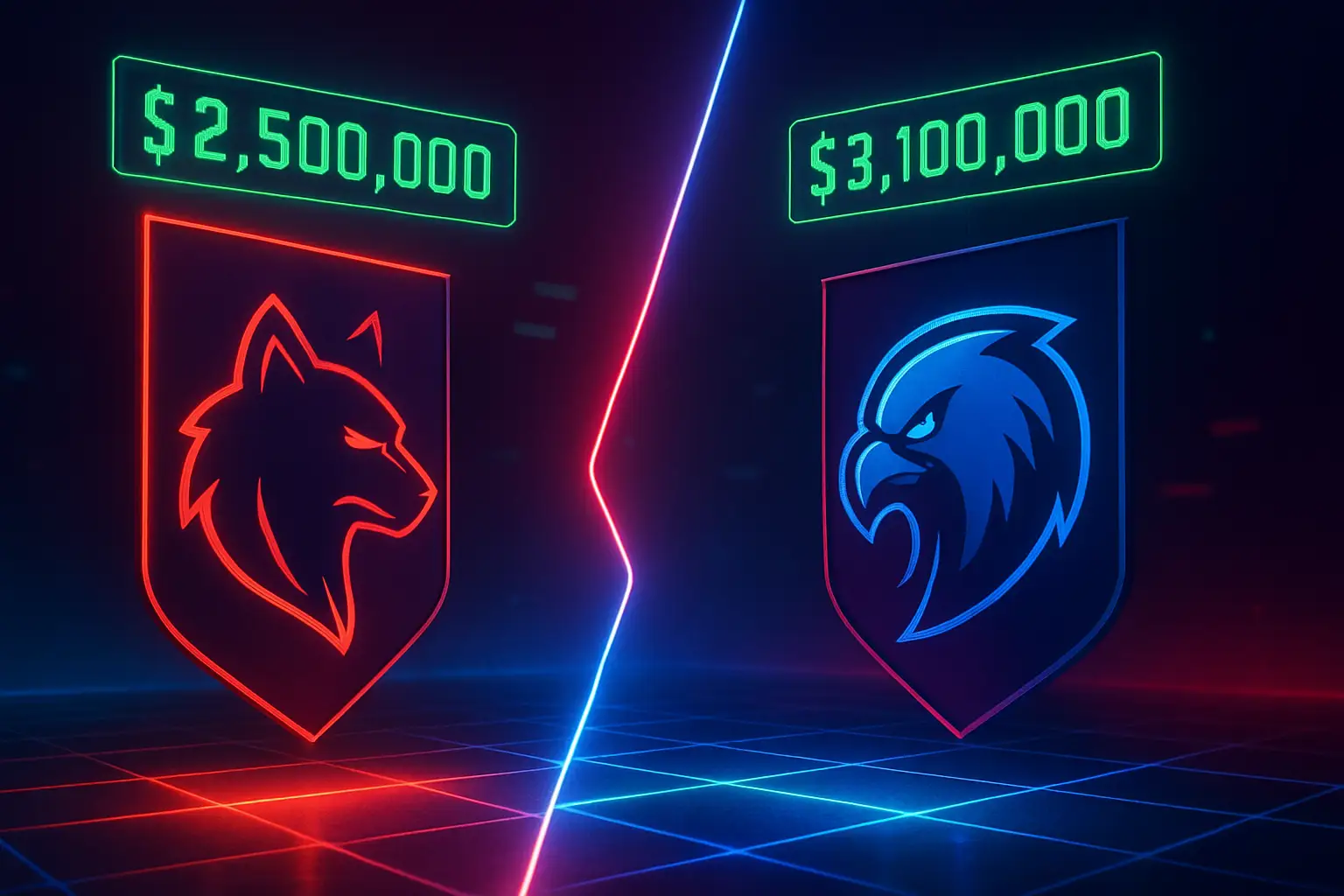 Two esports teams facing off on a digital arena stage with prediction market graphics in the background