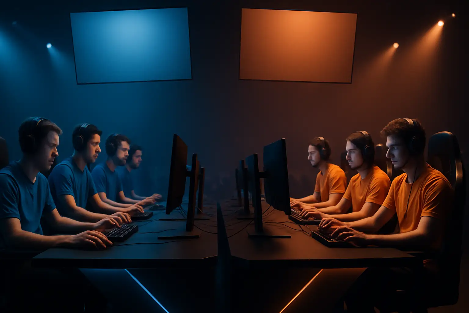 Two Rainbow Six Siege teams facing off on a competitive stage under arena lighting
