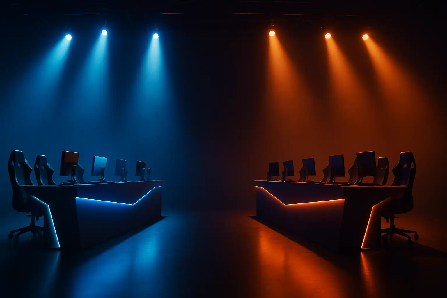 Two Rainbow Six Siege teams competing on a stadium stage under bright arena lighting