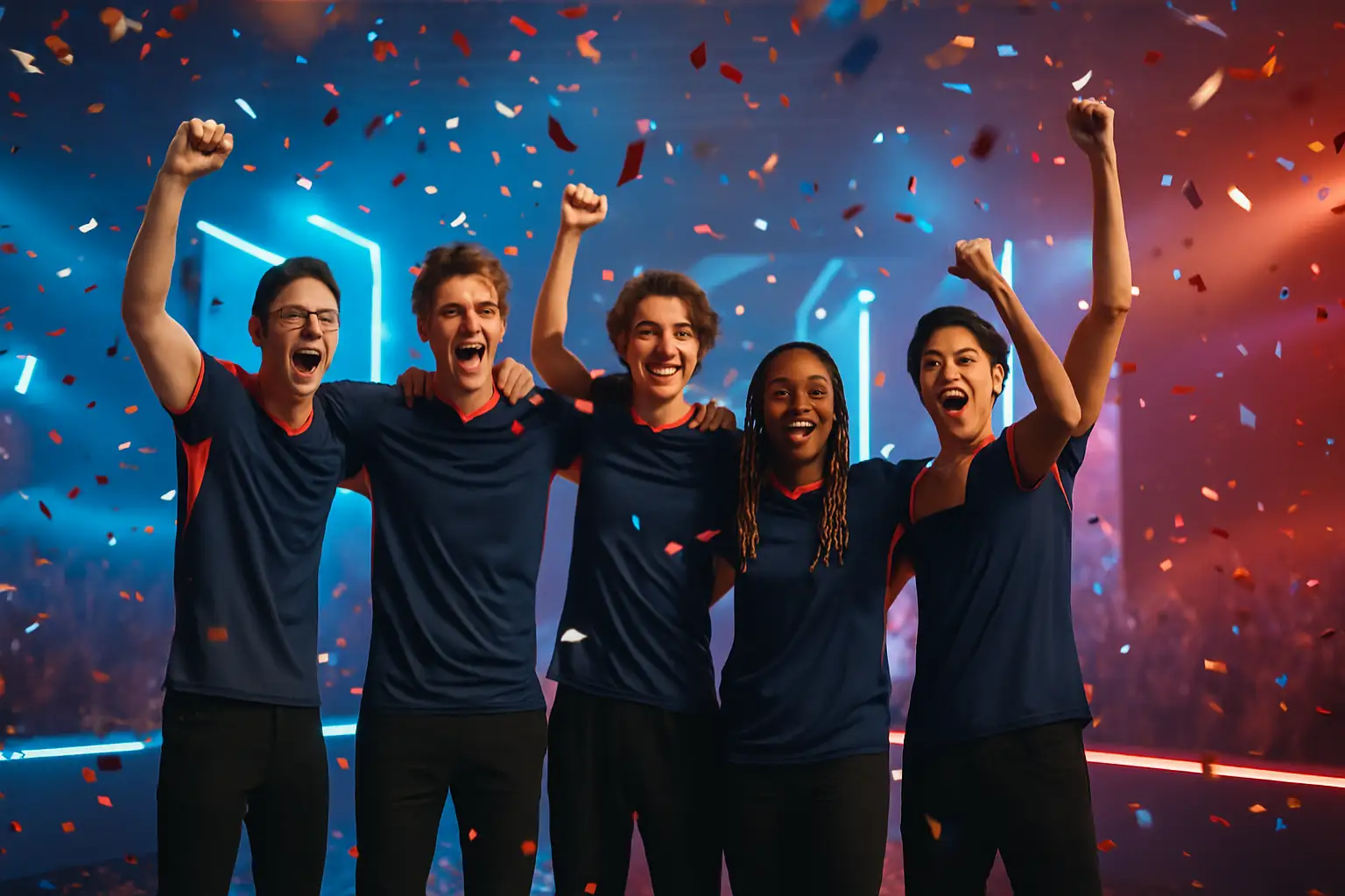 Chinese esports team celebrating a championship victory on a large tournament stage