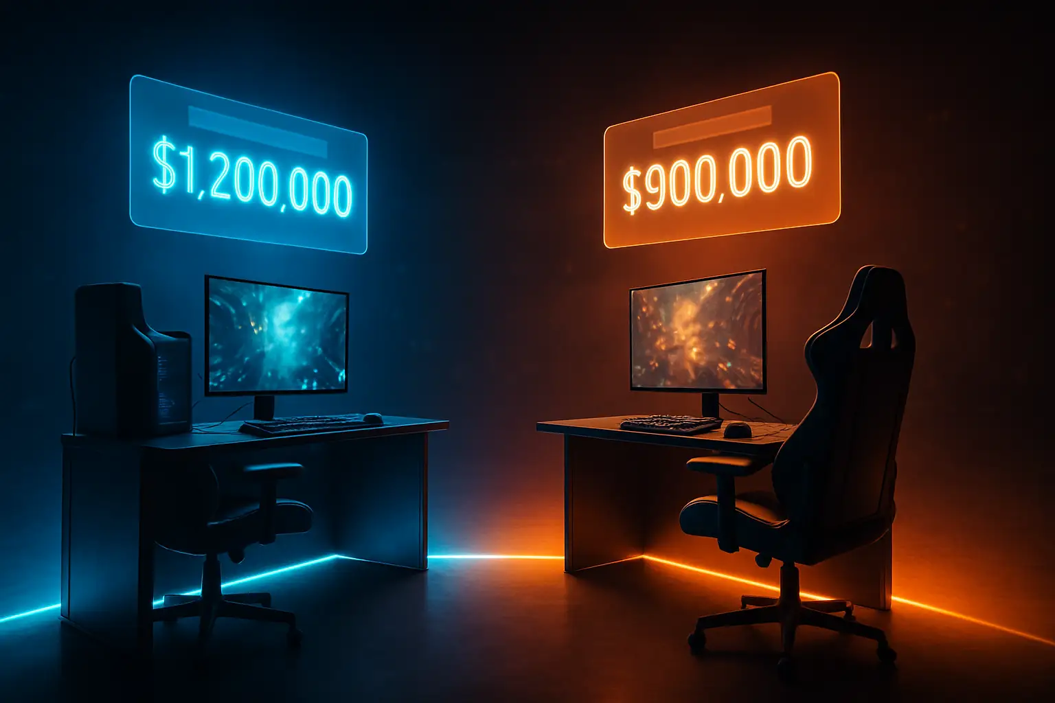 Two esports teams facing off on a competitive gaming stage with prediction market odds displayed on a screen
