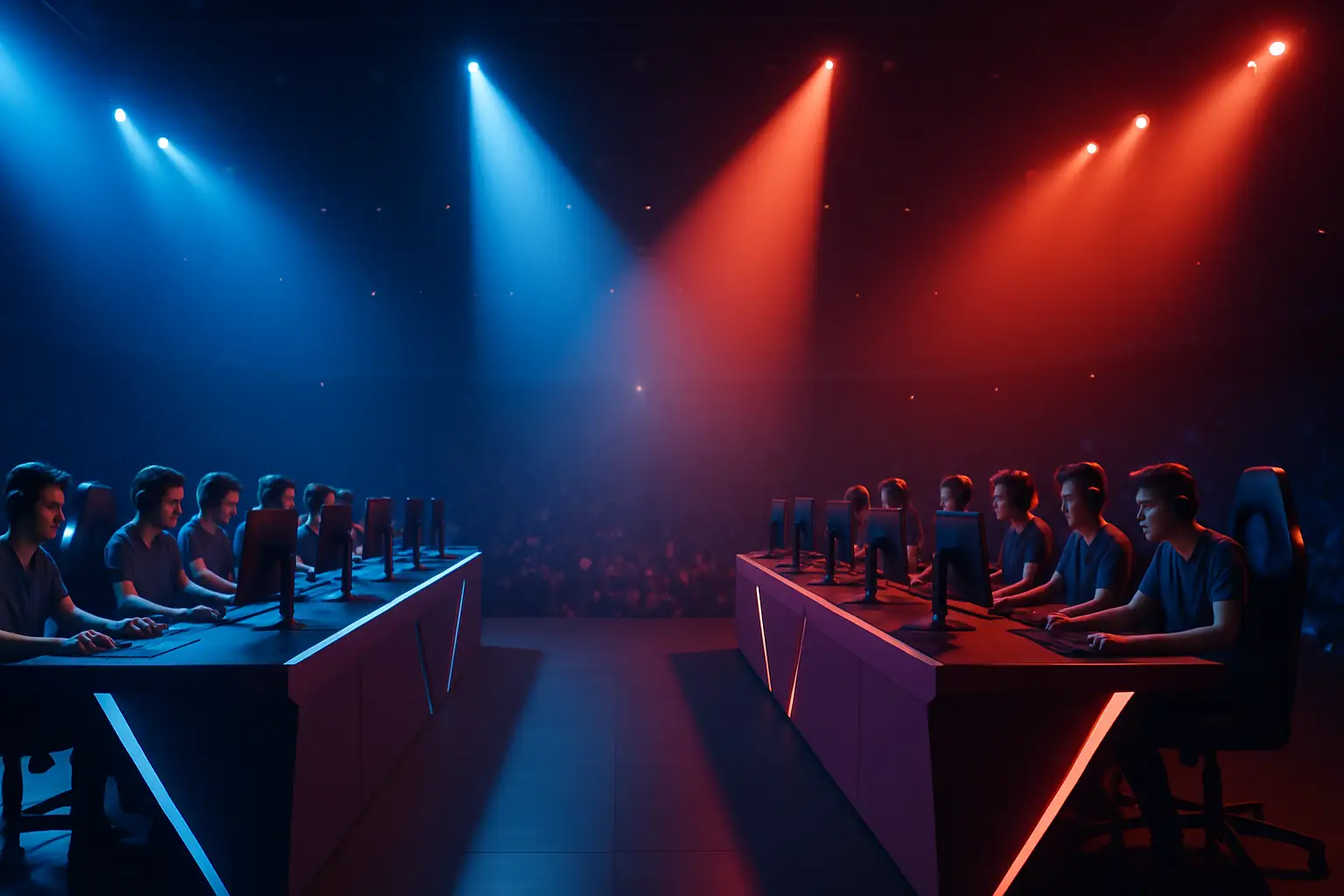 Two League of Legends teams facing off on a competitive esports stage in Brazil