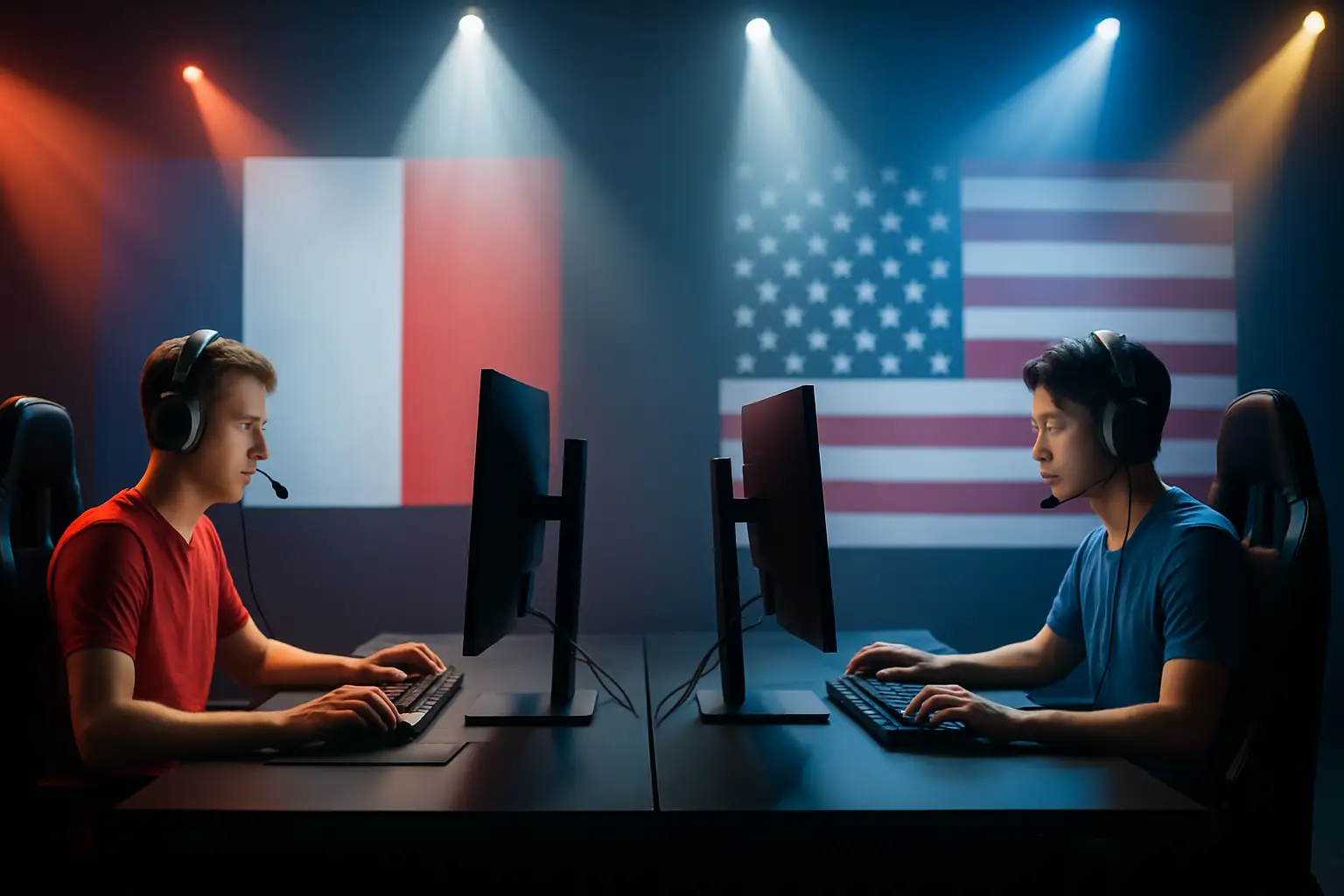 Two competing esports players representing opposing national teams facing screens in a tournament arena
