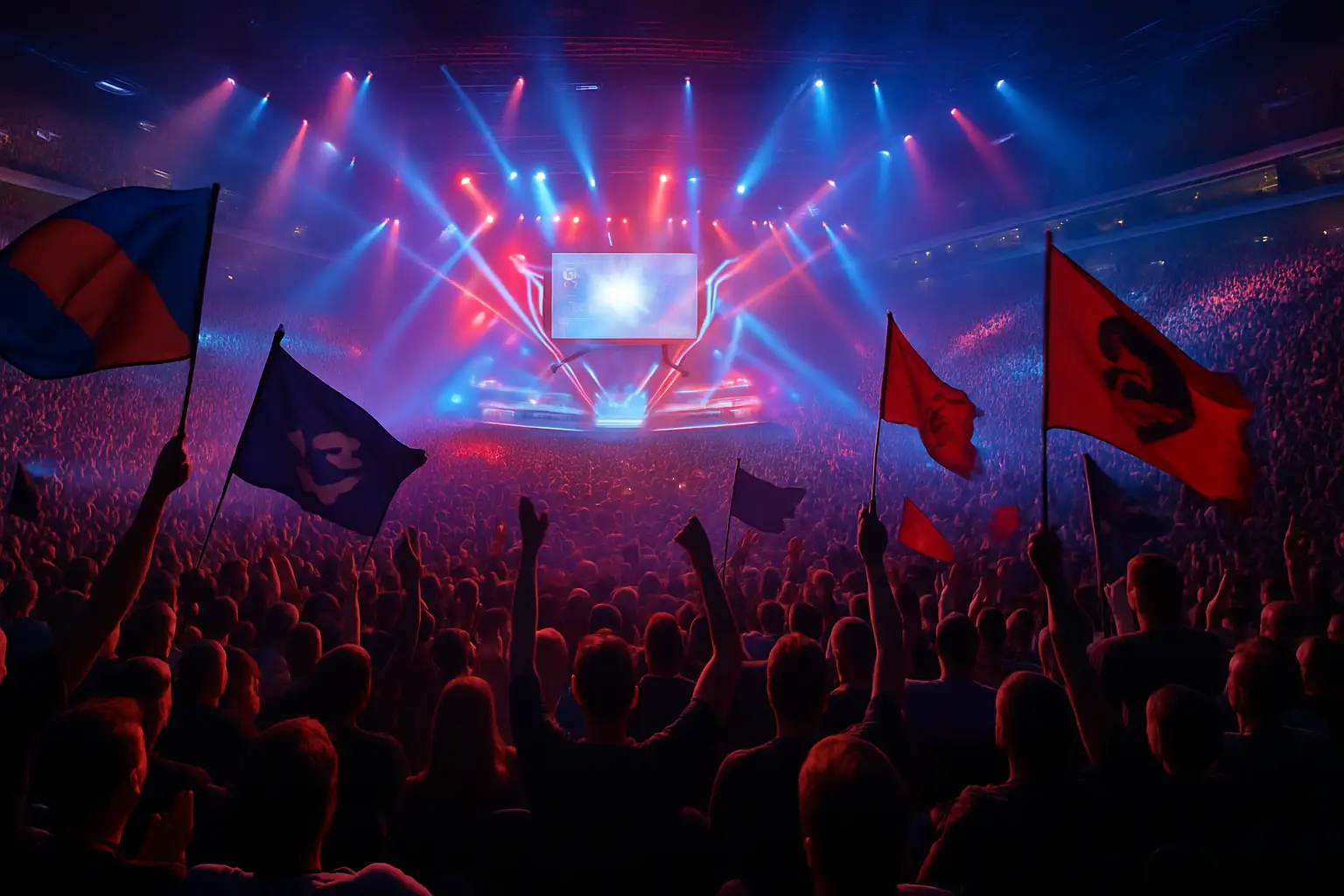 Esports fans cheering together at a live event with team banners in the background
