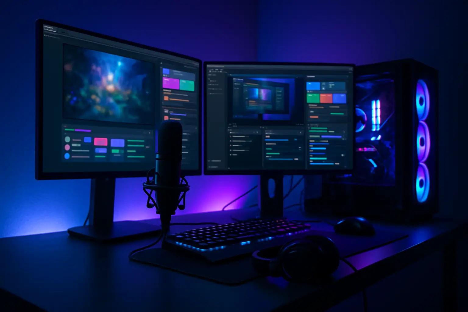 A gaming streamer setup with dual monitors showing live streaming dashboards