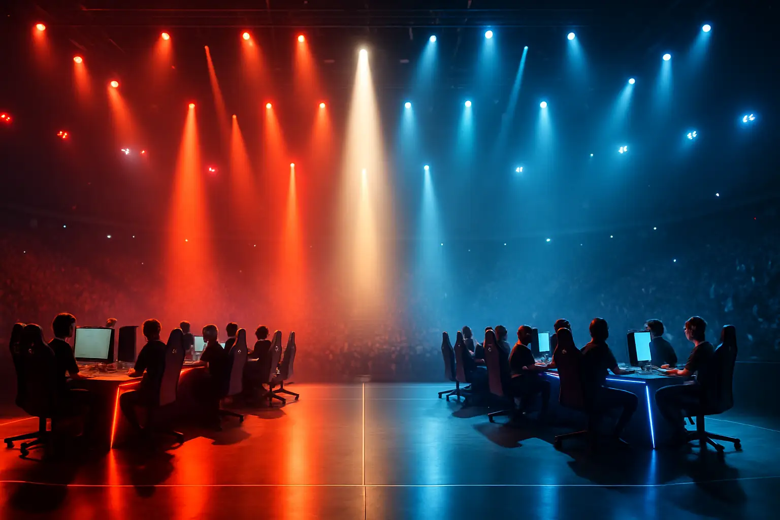 Overwatch esports players competing on stage at a major championship tournament