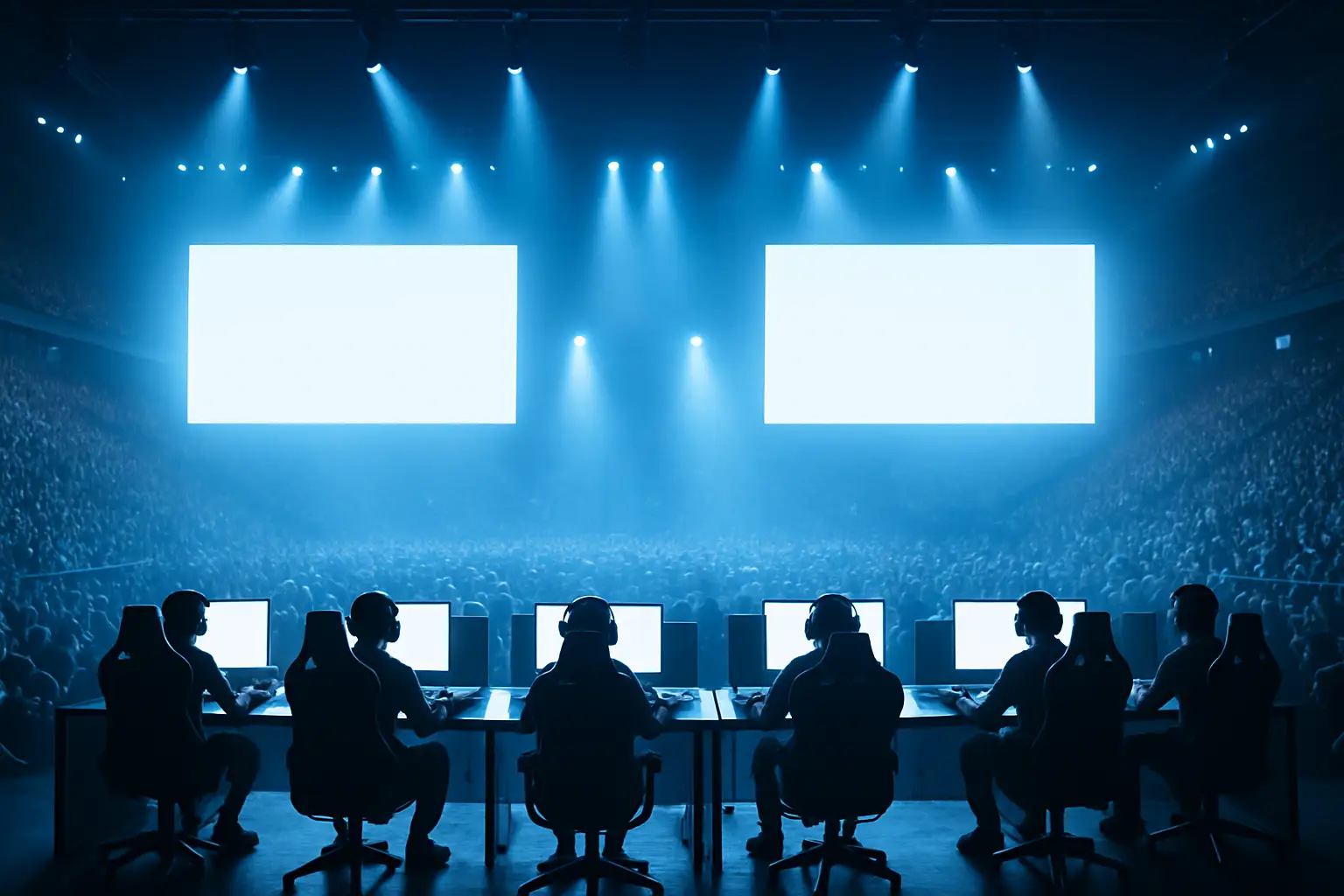 CS2 players competing on stage under bright arena lights at a major esports tournament