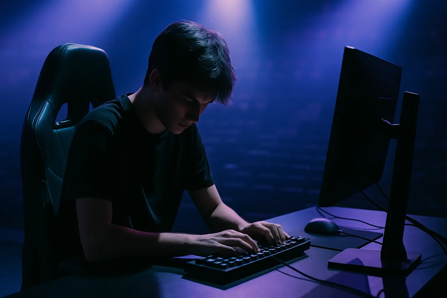 A CS2 player sits at a competition desk looking visibly frustrated after a tournament announcement