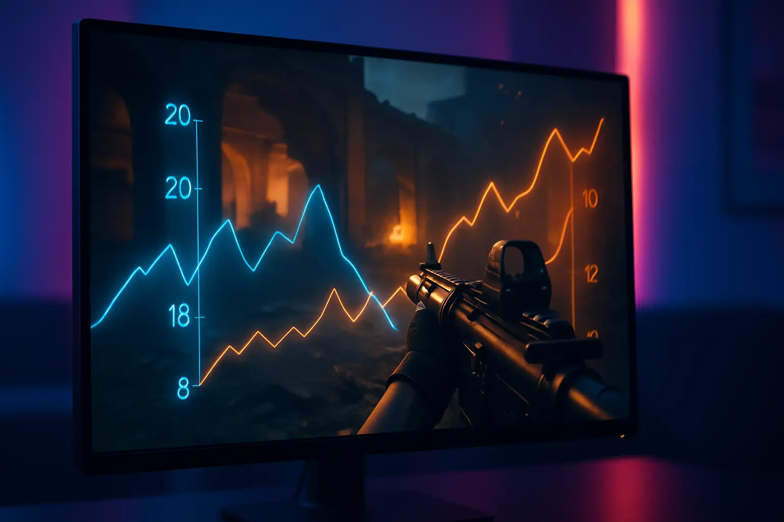 A glowing gaming monitor displaying a Counter-Strike match with rising player count statistics on screen
