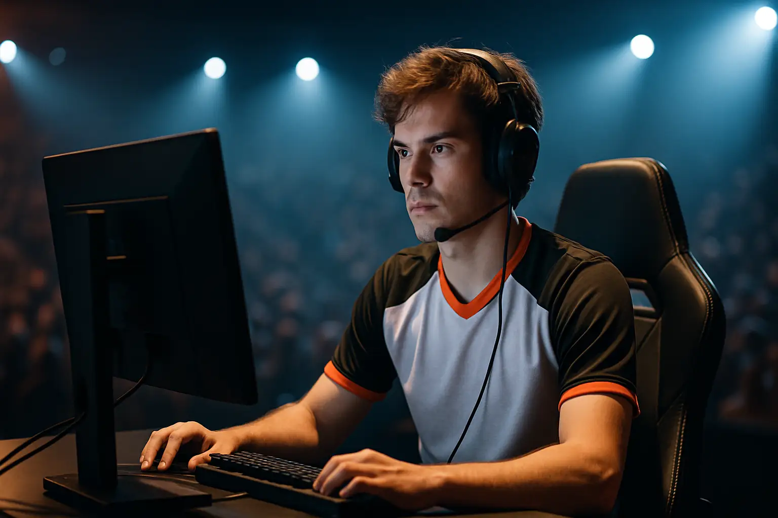 A competitive Valorant player at a tournament stage with team branding in the background
