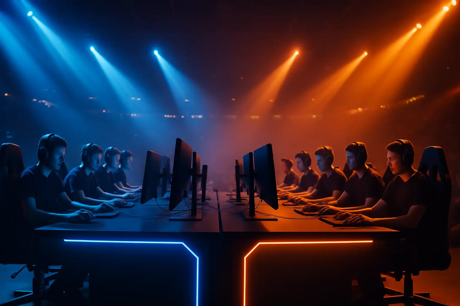 Competitive Overwatch esports players focused at gaming stations during a championship event