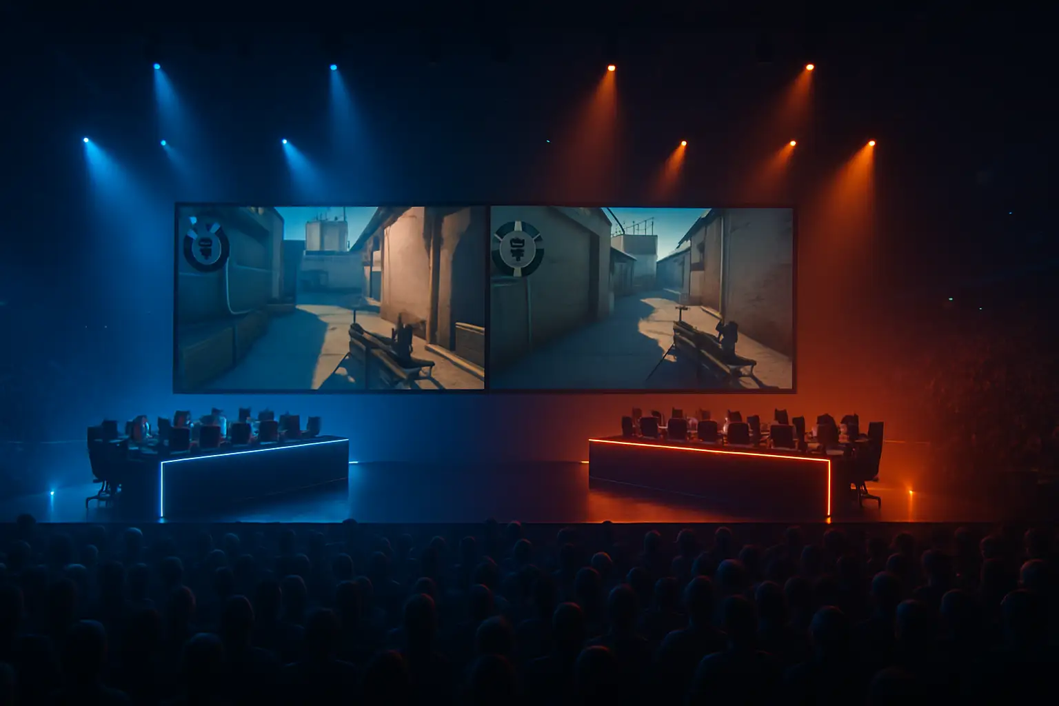 Two esports teams competing in a Rainbow Six Siege match on a large arena stage with dramatic lighting
