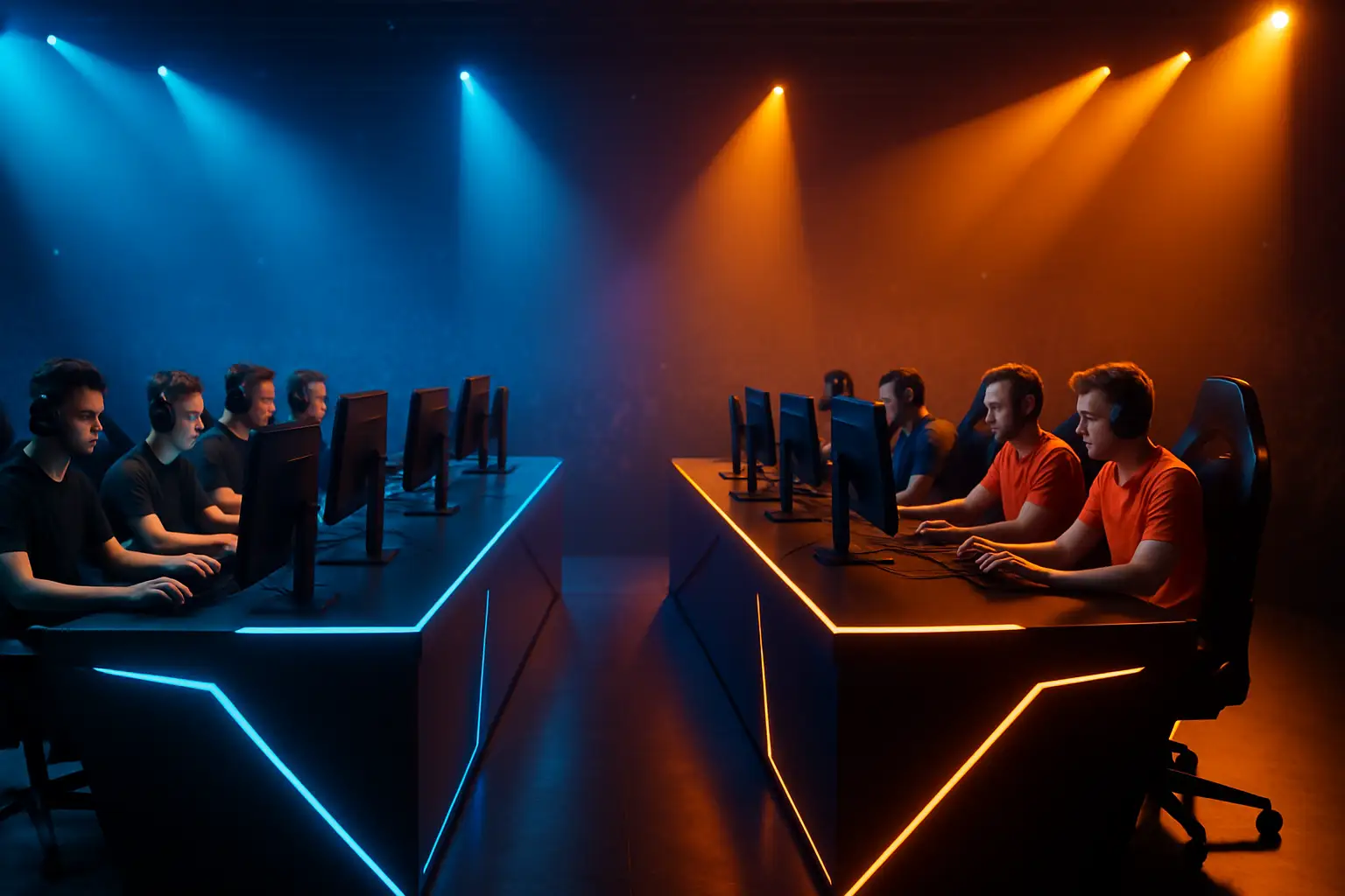 Two competitive Rainbow Six Siege teams facing off on a tournament stage with dramatic lighting