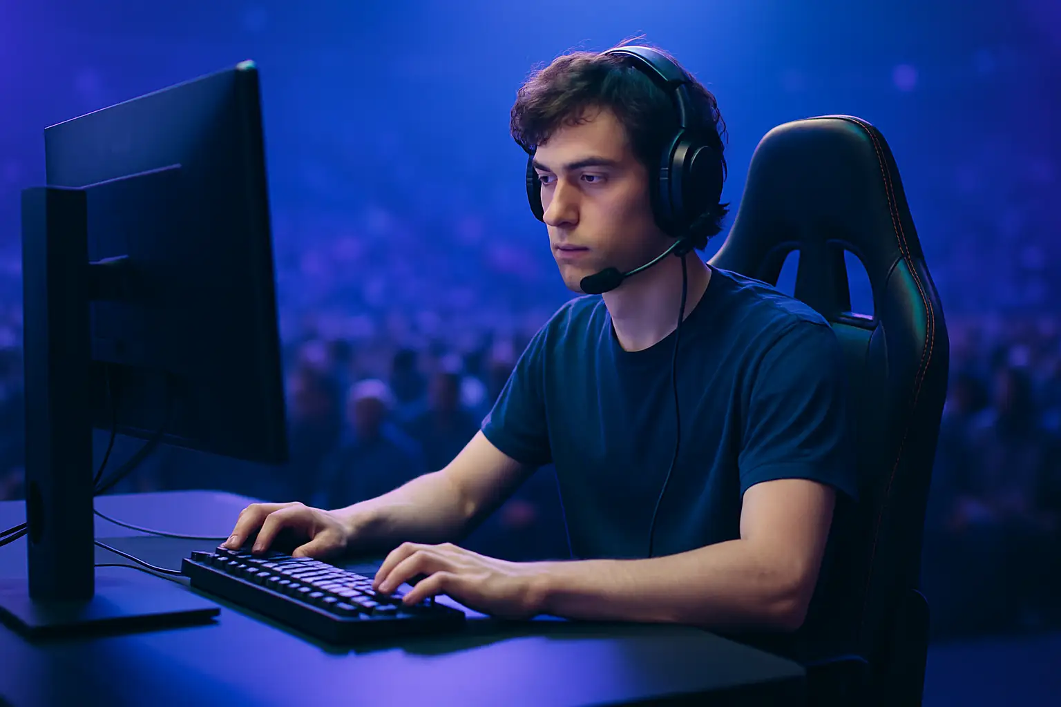 A VALORANT player at a competitive esports event under dramatic arena lighting