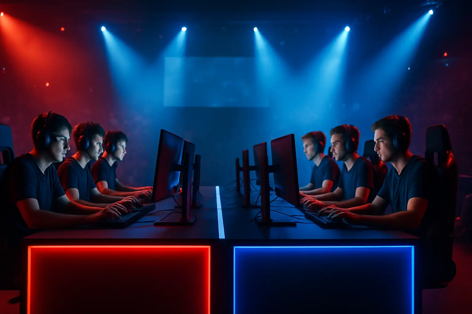 Two esports teams competing on stage under dramatic lighting at a regional League of Legends tournament