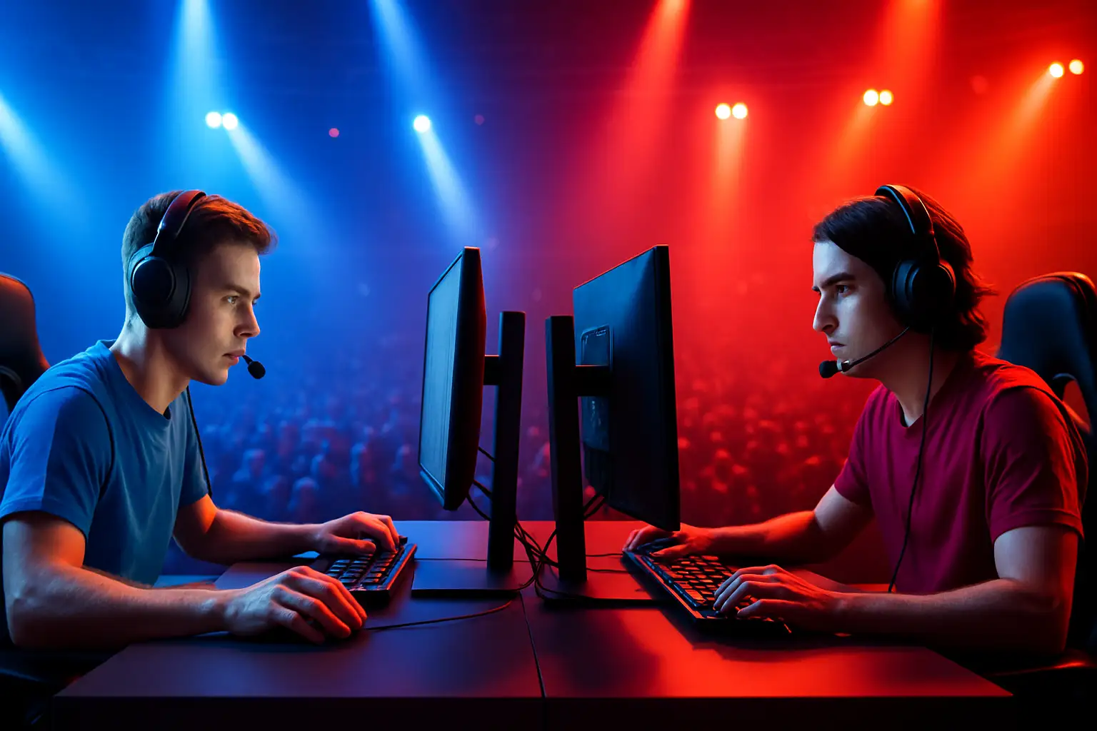 Two professional esports players competing on stage under dramatic lighting at a League of Legends regional tournament