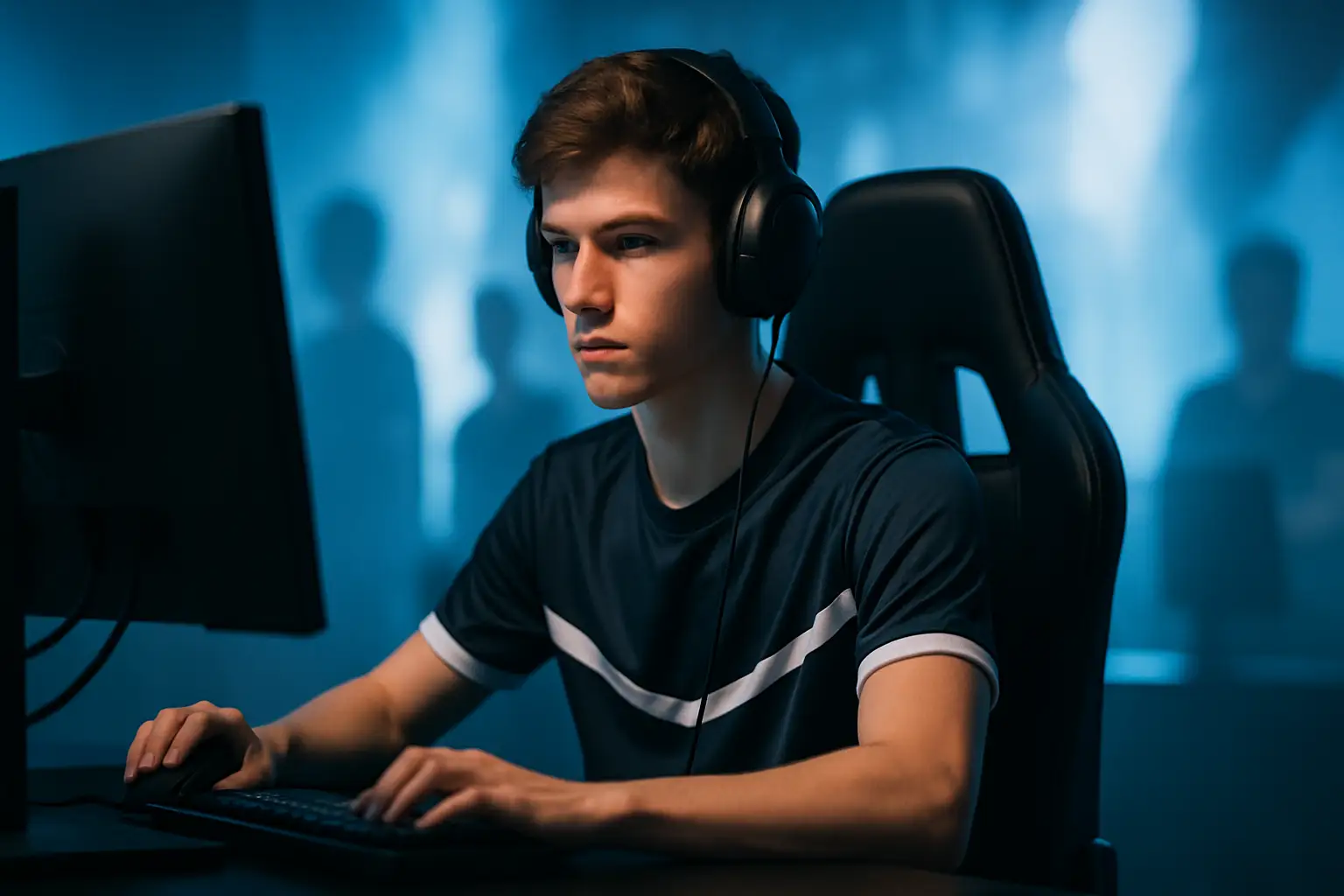 A young esports player focused on a monitor in a professional gaming setup with team branding in the background