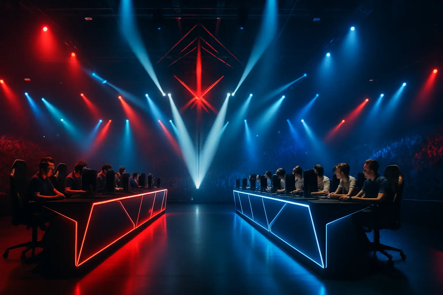 Two League of Legends teams facing off on a competitive esports stage with colorful arena lighting