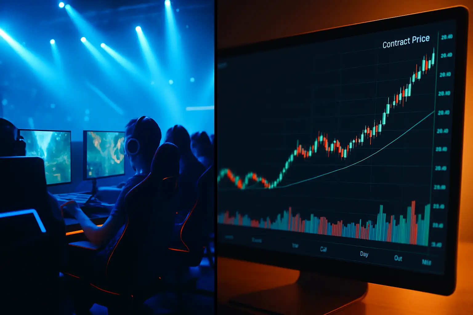 Two esports teams facing off on a competitive gaming stage with a financial market display in the background