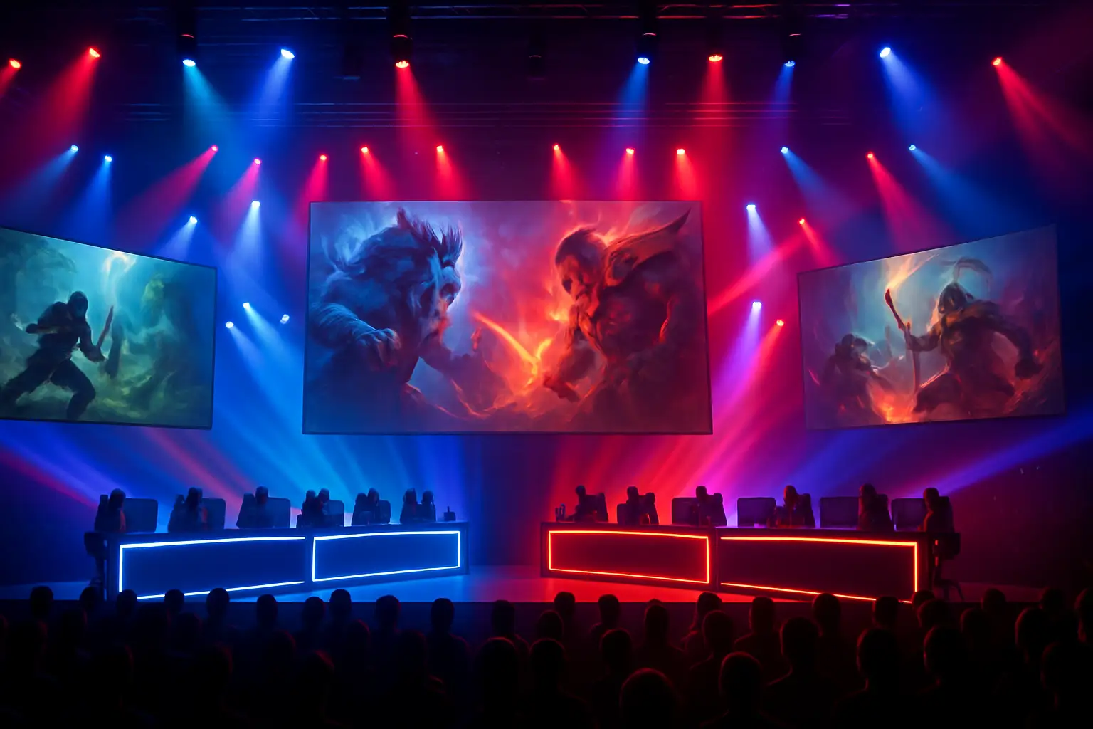 Competitive Dota 2 players focused on screens during a major esports tournament group stage