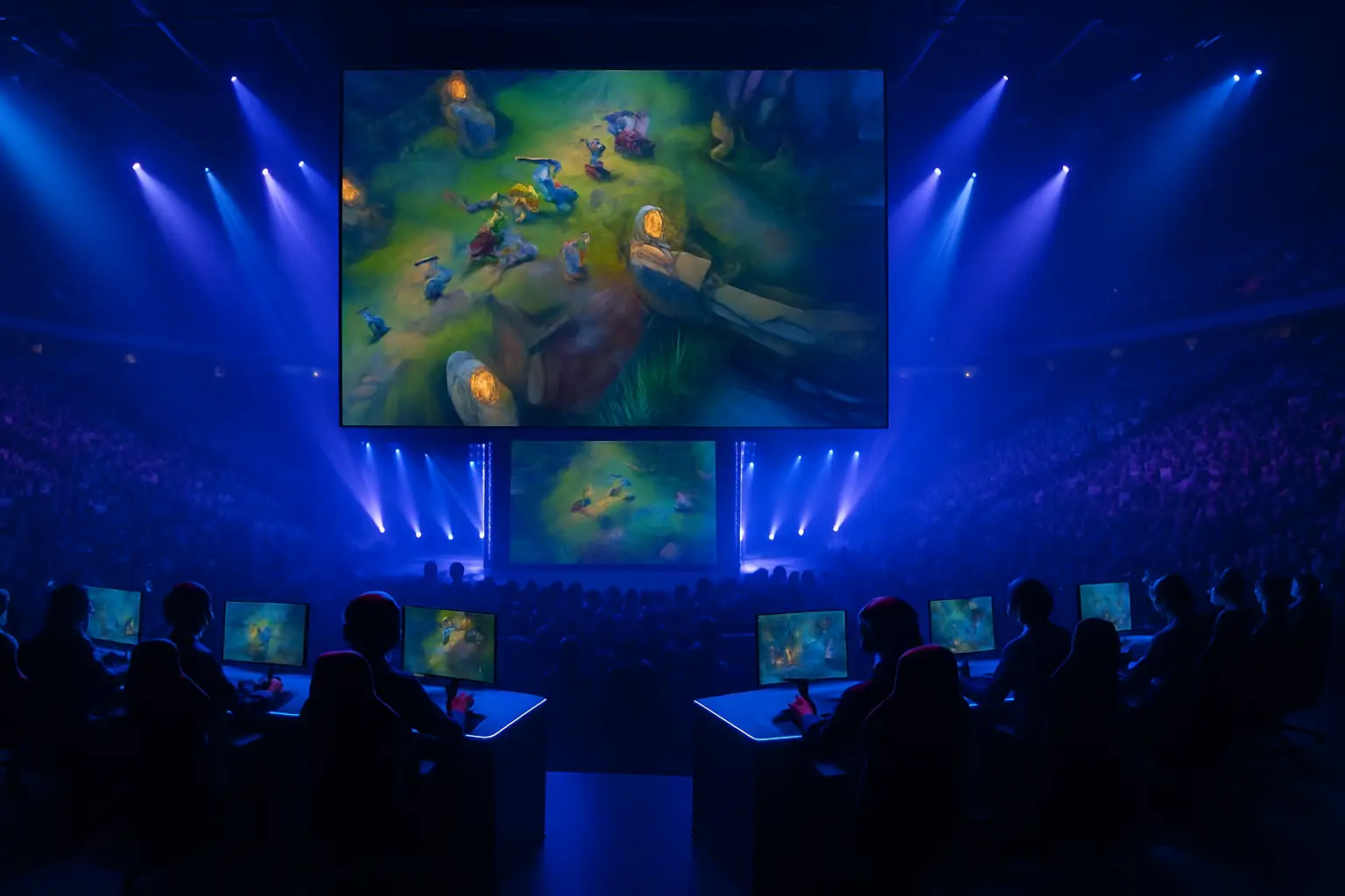 Dota 2 players competing on stage at the Esports World Cup 2026 group stage