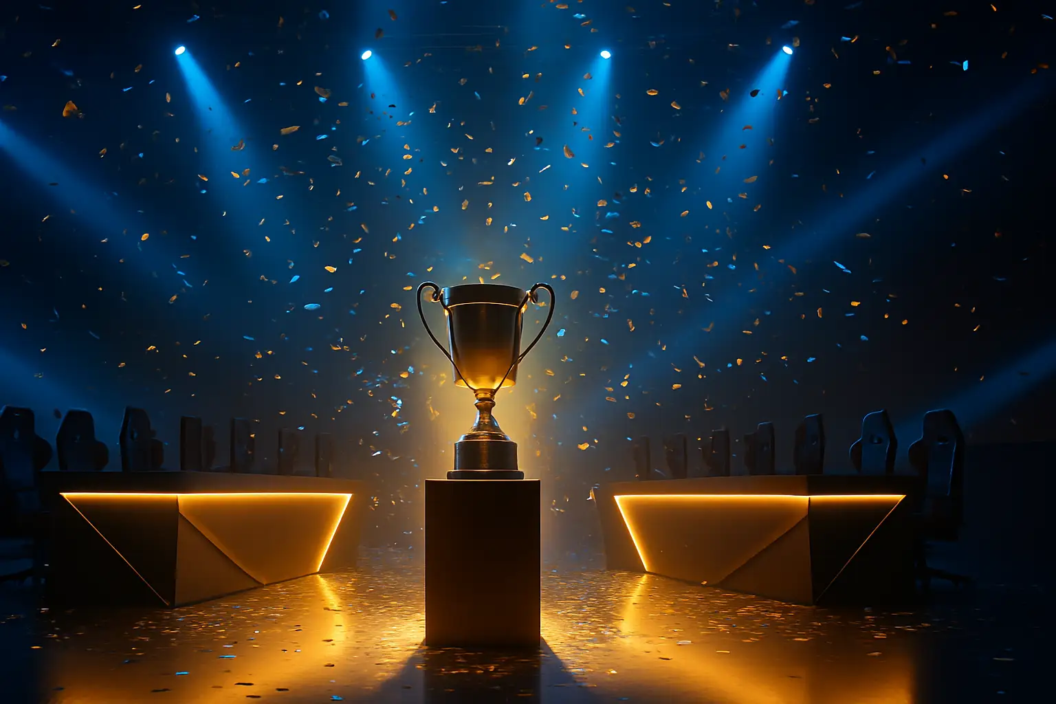 A League of Legends championship trophy on a glowing stage with colorful arena lighting
