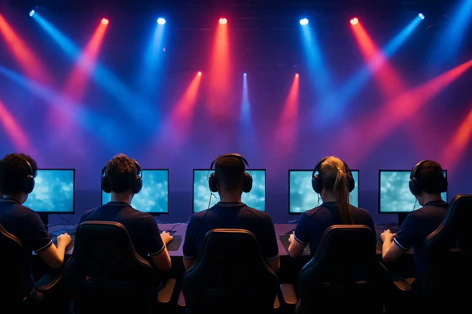 A VALORANT esports team huddles around a gaming setup in a competitive arena setting