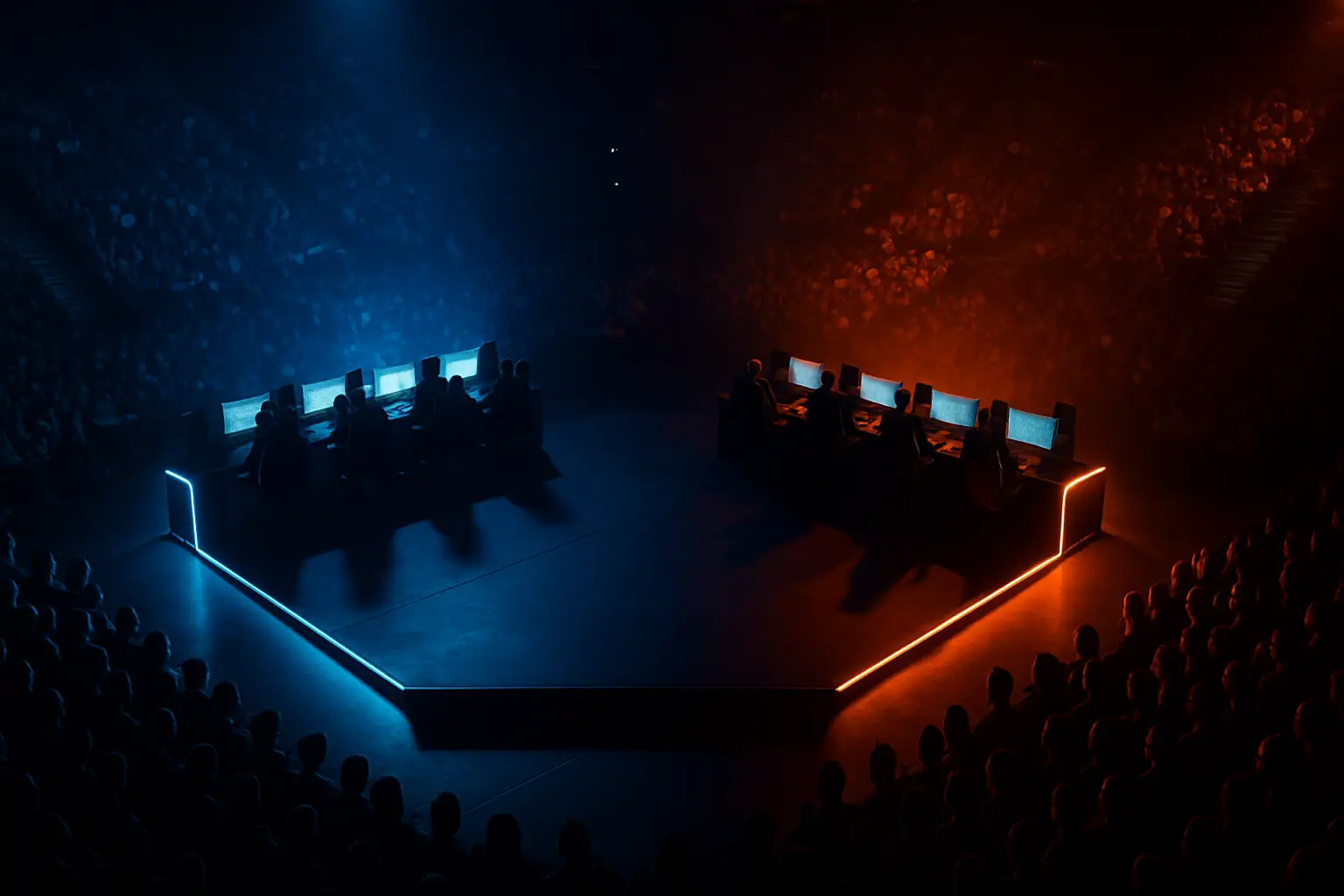 Two CS2 teams facing off on a competitive stage under bright arena lighting